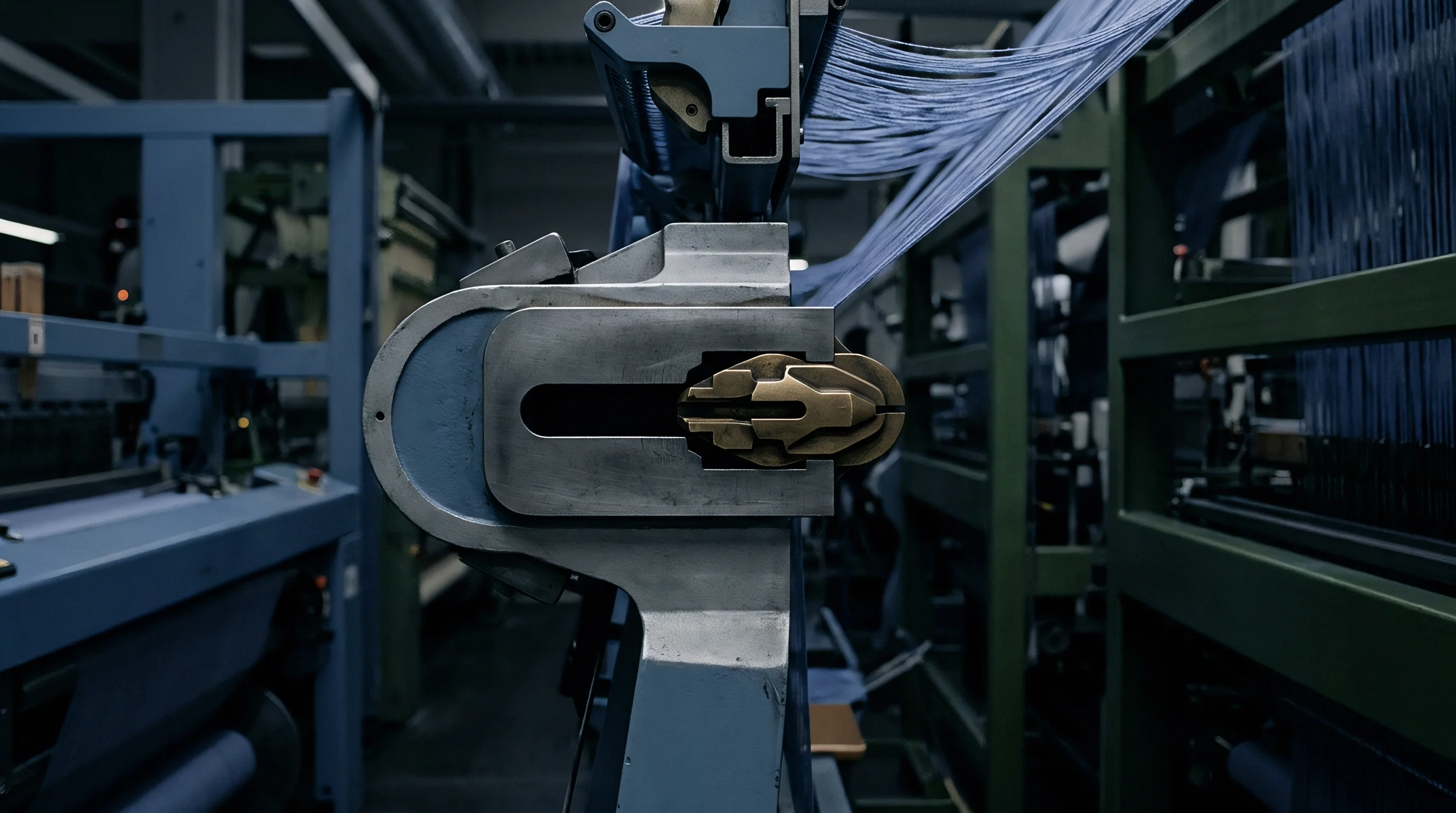 Blue warp yarns feed through the metal tension guides and mechanical harness of an industrial weaving loom in a textile manufacturing facility.