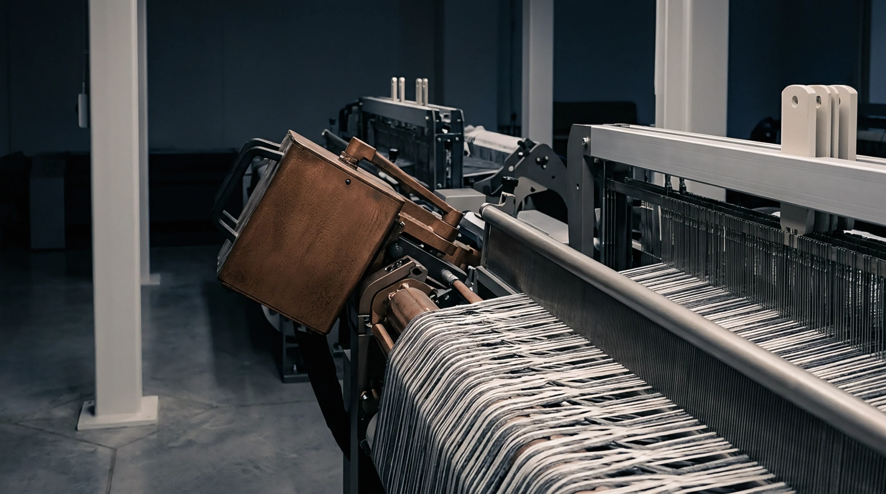 Heavy mechanical weaving loom aligns grey and white textile warp yarns inside a large manufacturing production facility.