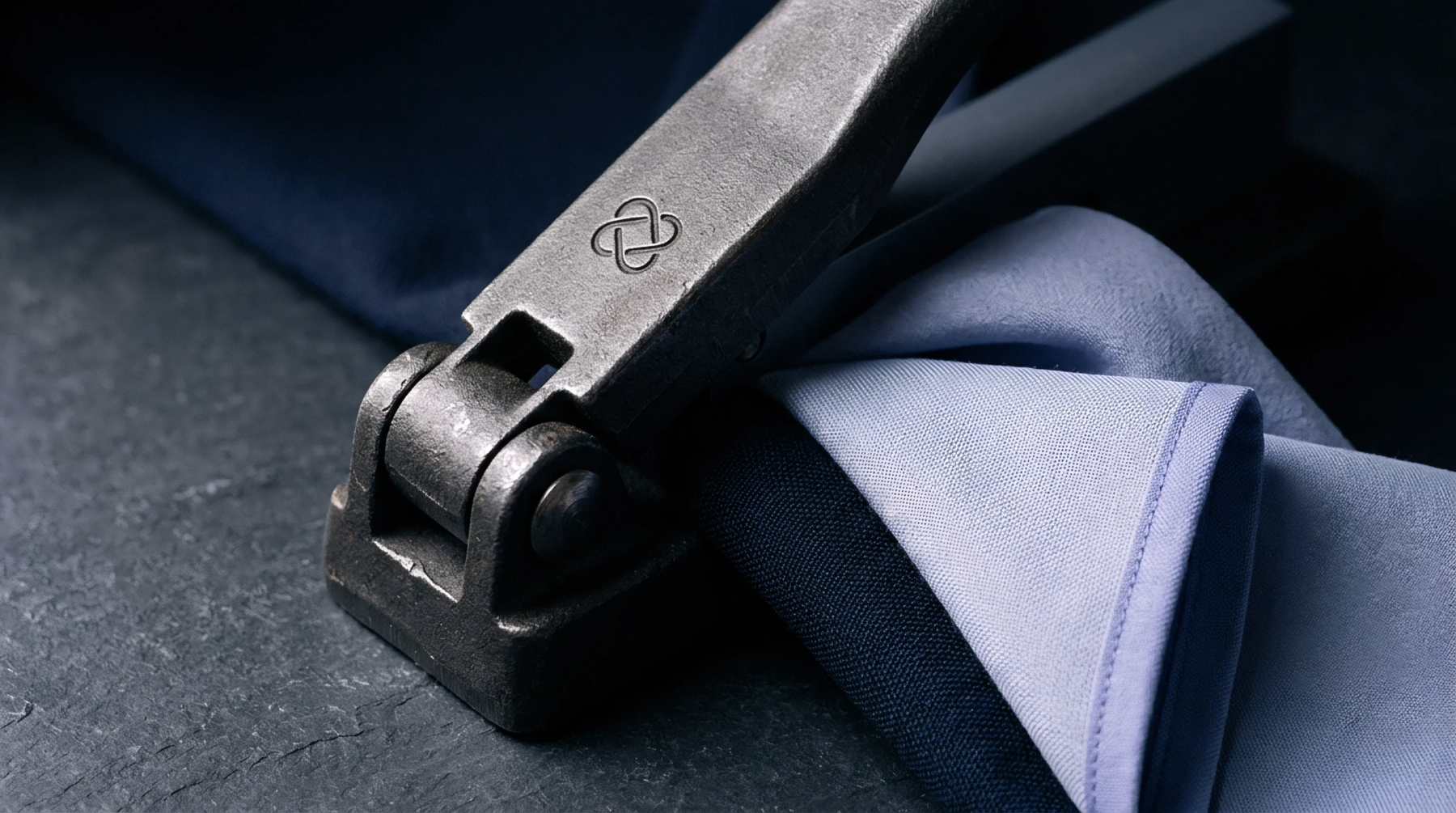 An industrial metal stamping tool presses firmly into layered textile samples consisting of a dark navy fabric substrate beneath a light blue woven textile.
