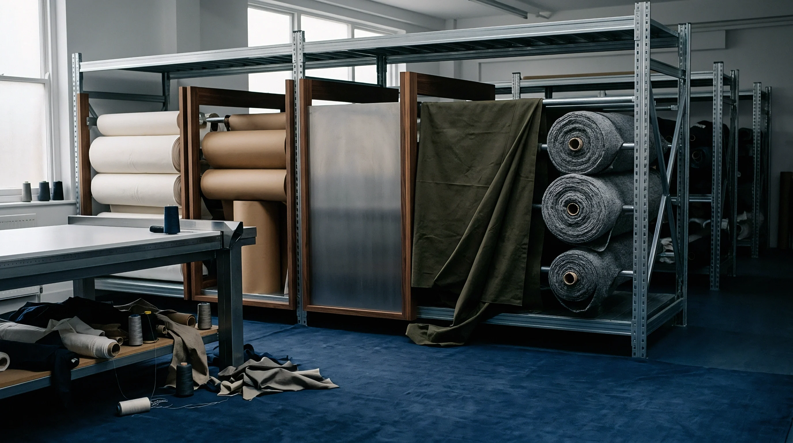 Heavy metal shelving units hold large rolls of woven fabrics and technical textiles inside a commercial production facility.