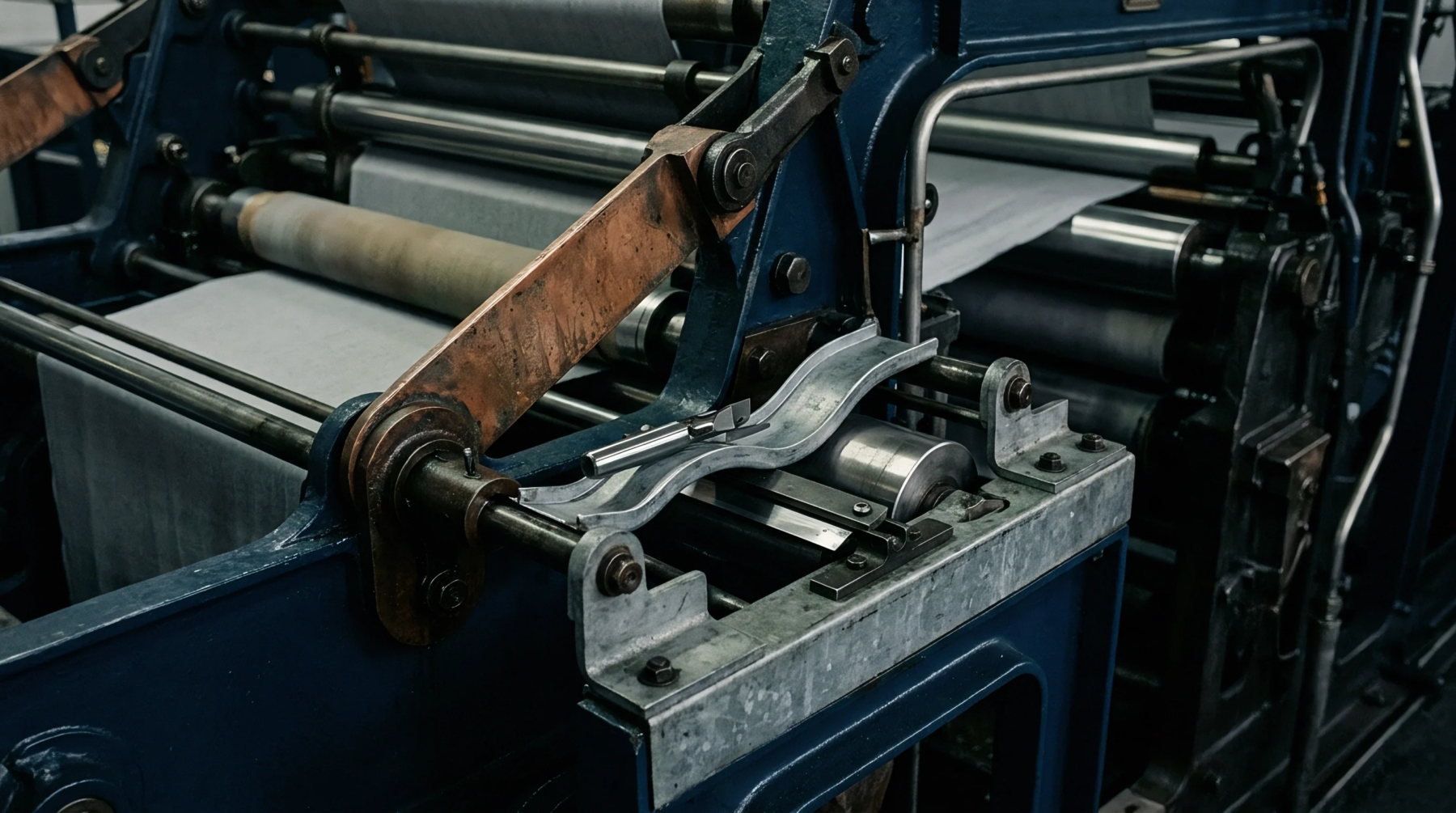 Industrial finishing machinery guides a continuous web of pale technical fabric through heavy steel rollers and mechanical tensioning arms in a production facility.