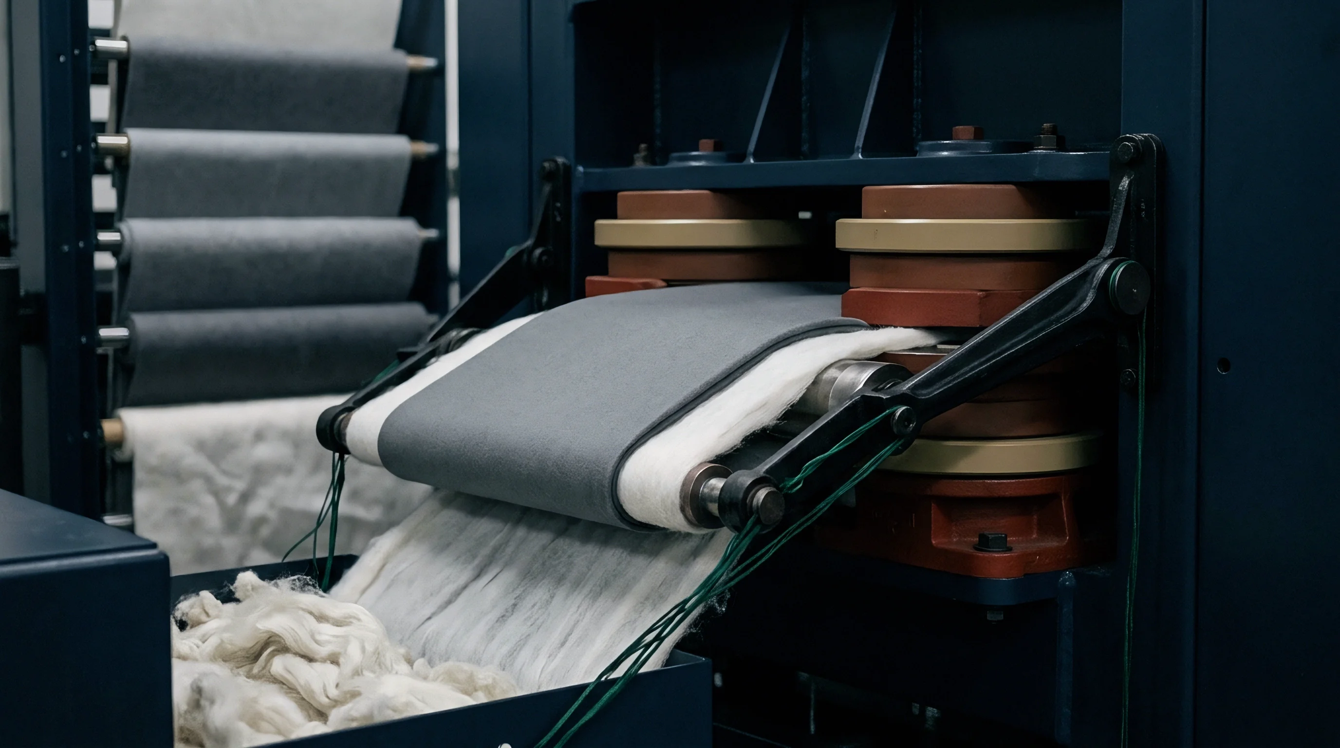 Industrial textile machinery processes loose fibers and a continuous grey fabric roll on a production line within a manufacturing facility.