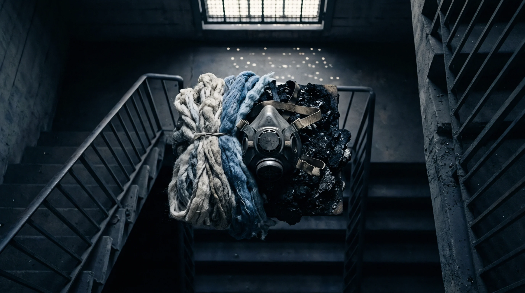 Bundled natural fiber skeins and a respirator rest atop crushed carbon debris within a dim industrial stairwell concrete structure.