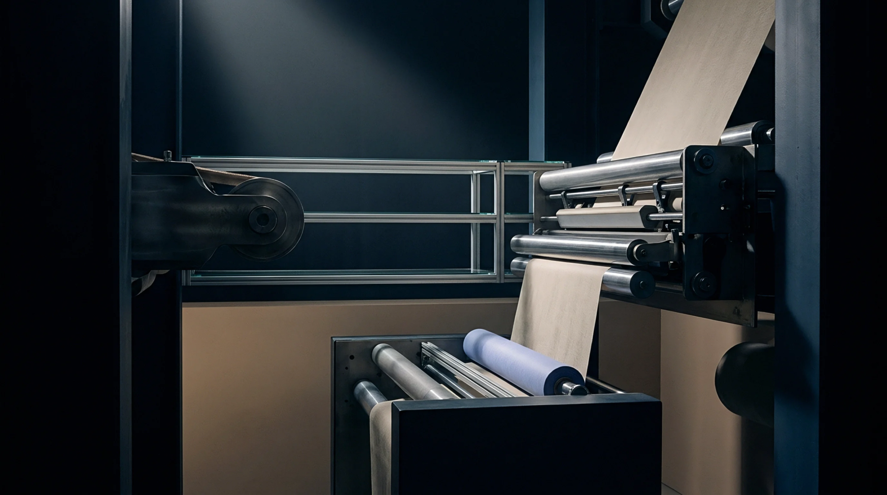A digital render shows a continuous sheet of tan technical fabric feeding through a series of steel cylinders in an industrial machine.