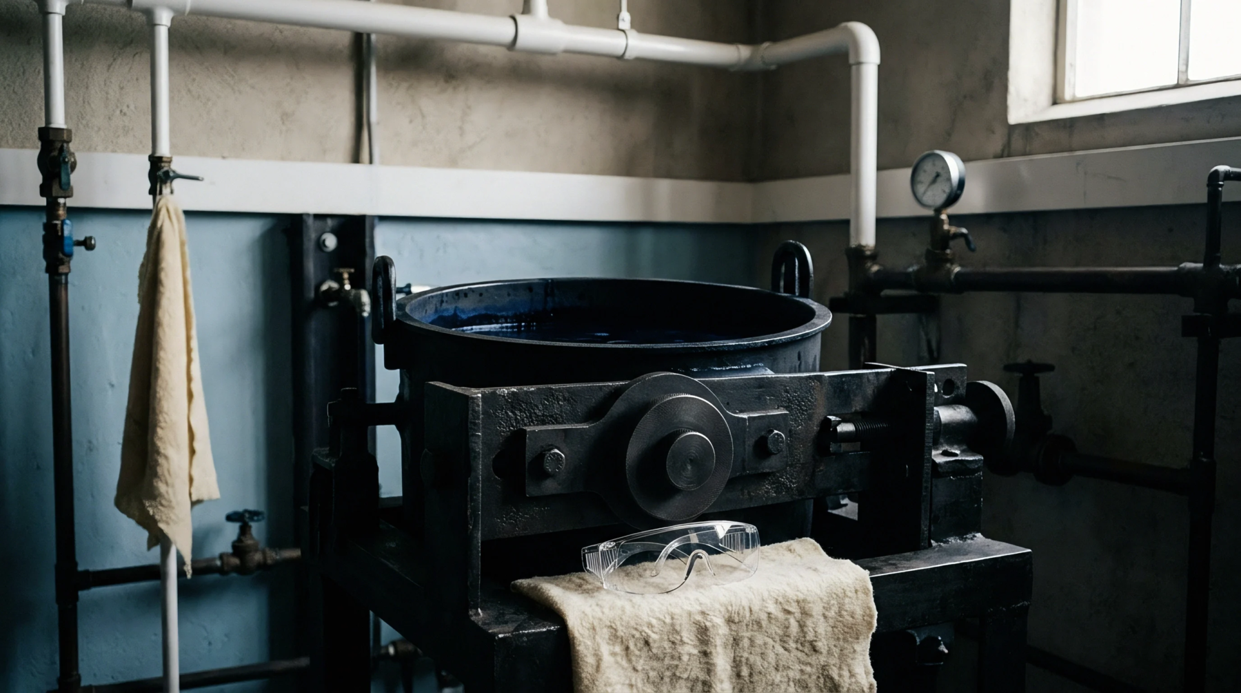 An industrial processing vat filled with deep blue dye liquid is set within a textile production facility environment.