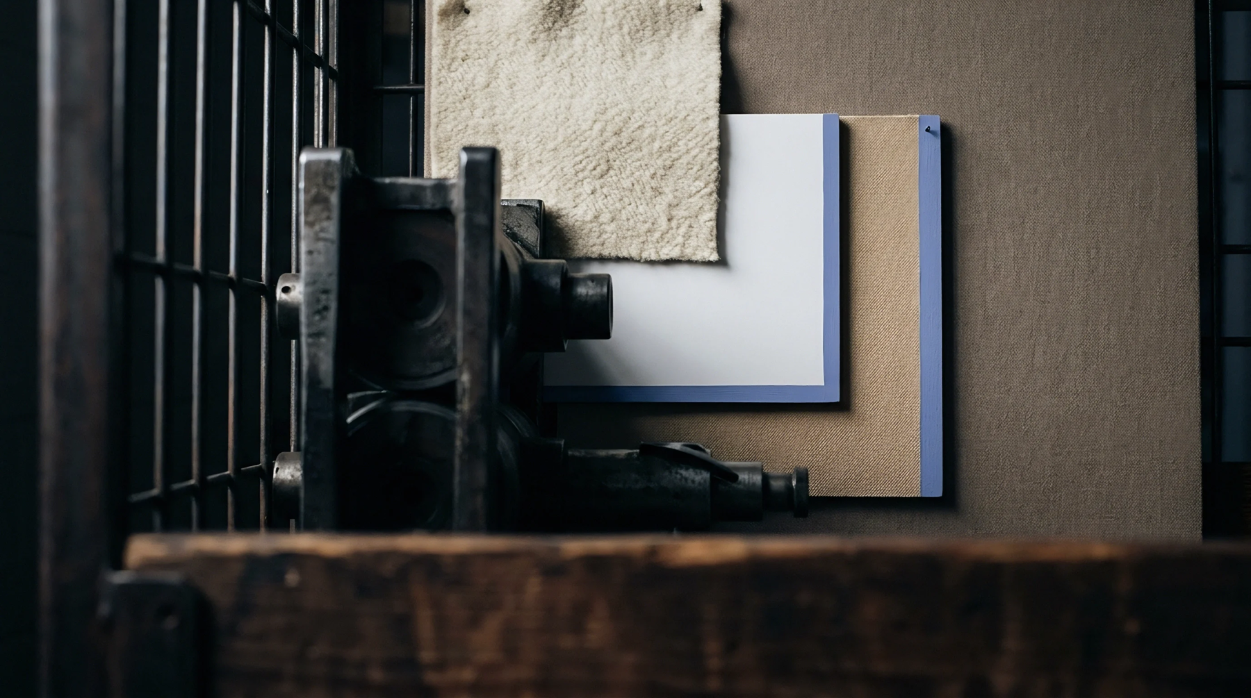 An industrial workspace features a collection of material samples including a textured fabric swatch and various color cards pinned on a brown textile board.