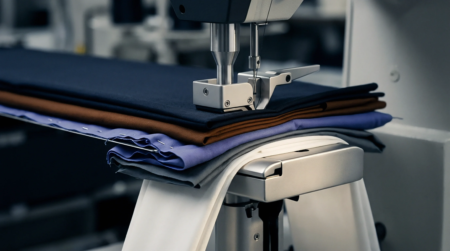 A heavy duty sewing machine needle assembly presses stacked layers of navy brown purple and grey woven fabric components.