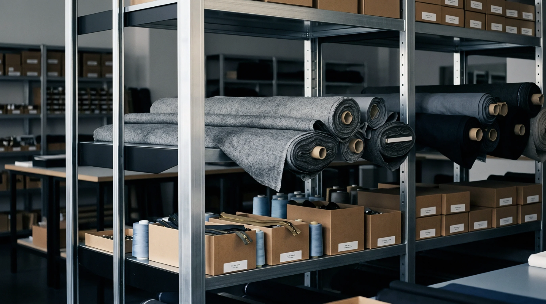 Industrial metal storage racks hold heavy textile rolls spools of grey thread and organized boxes containing garment assembly components within a manufacturing space.