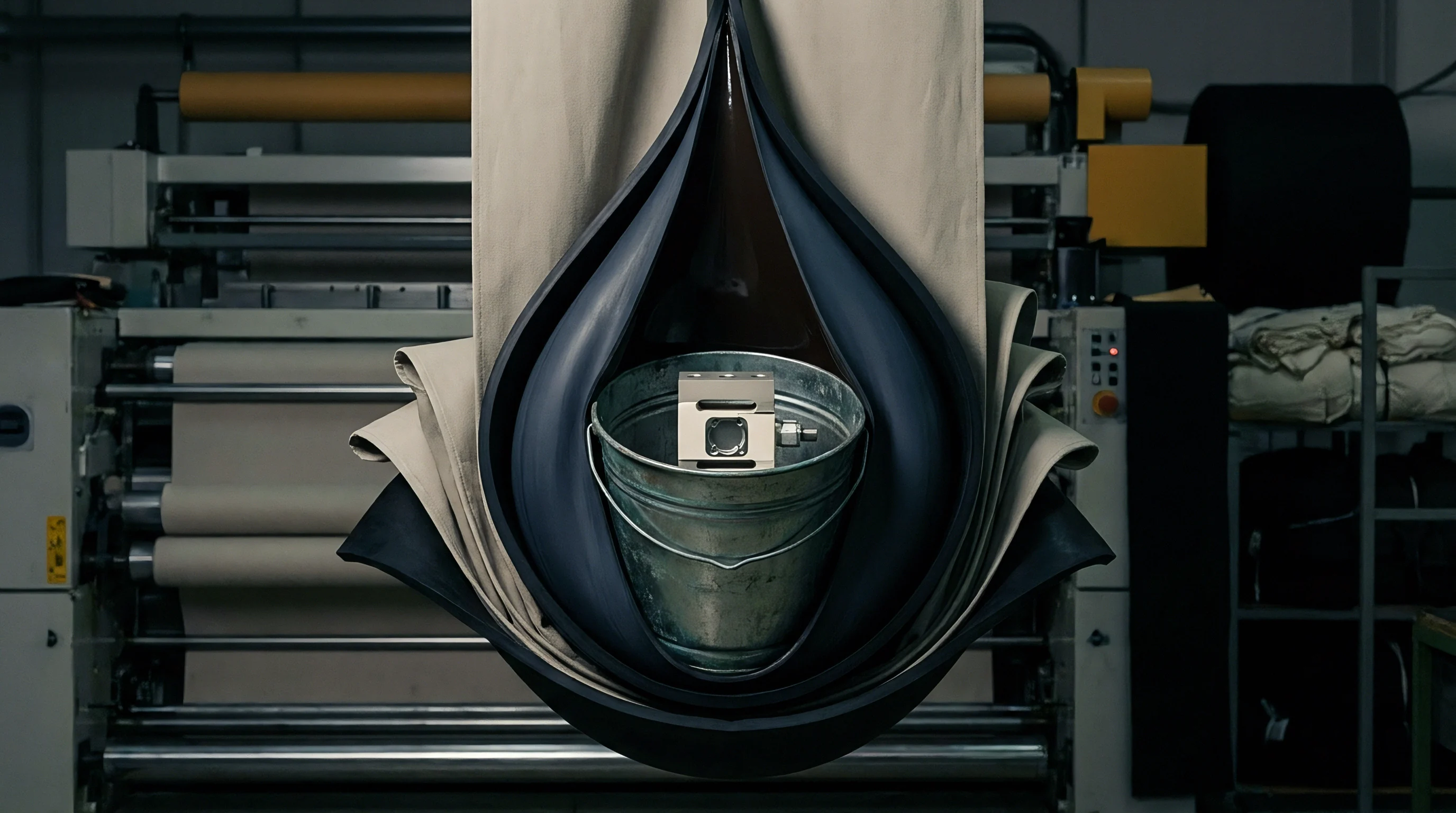 A digital tension sensor sits inside a metal bucket nested within concentric loops of heavy canvas and black elastomer in a textile mill.