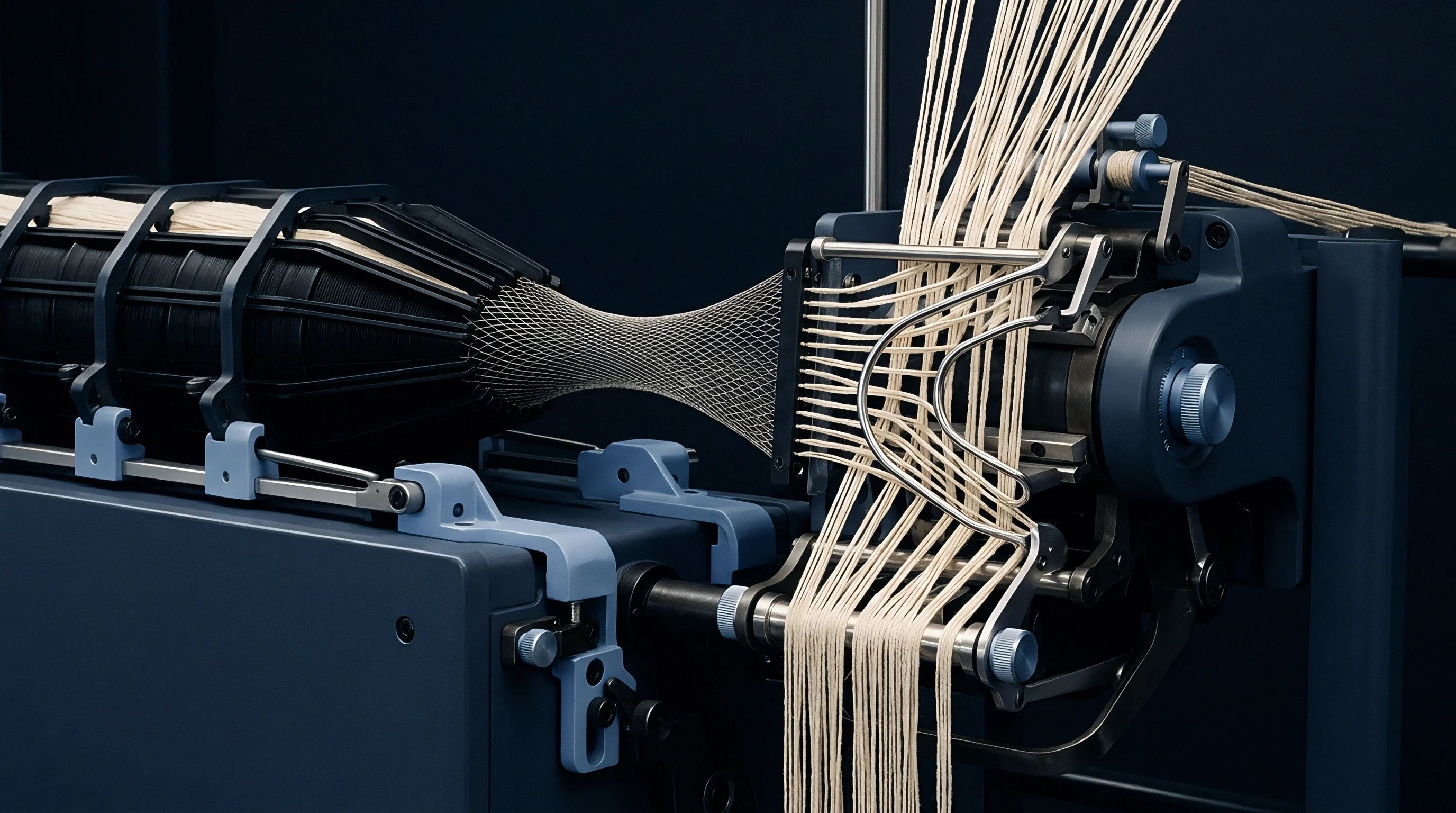 An industrial textile machine feeds multiple fibrous strands over a dark cylindrical core to create a uniform braided mesh sleeve in this digital render.