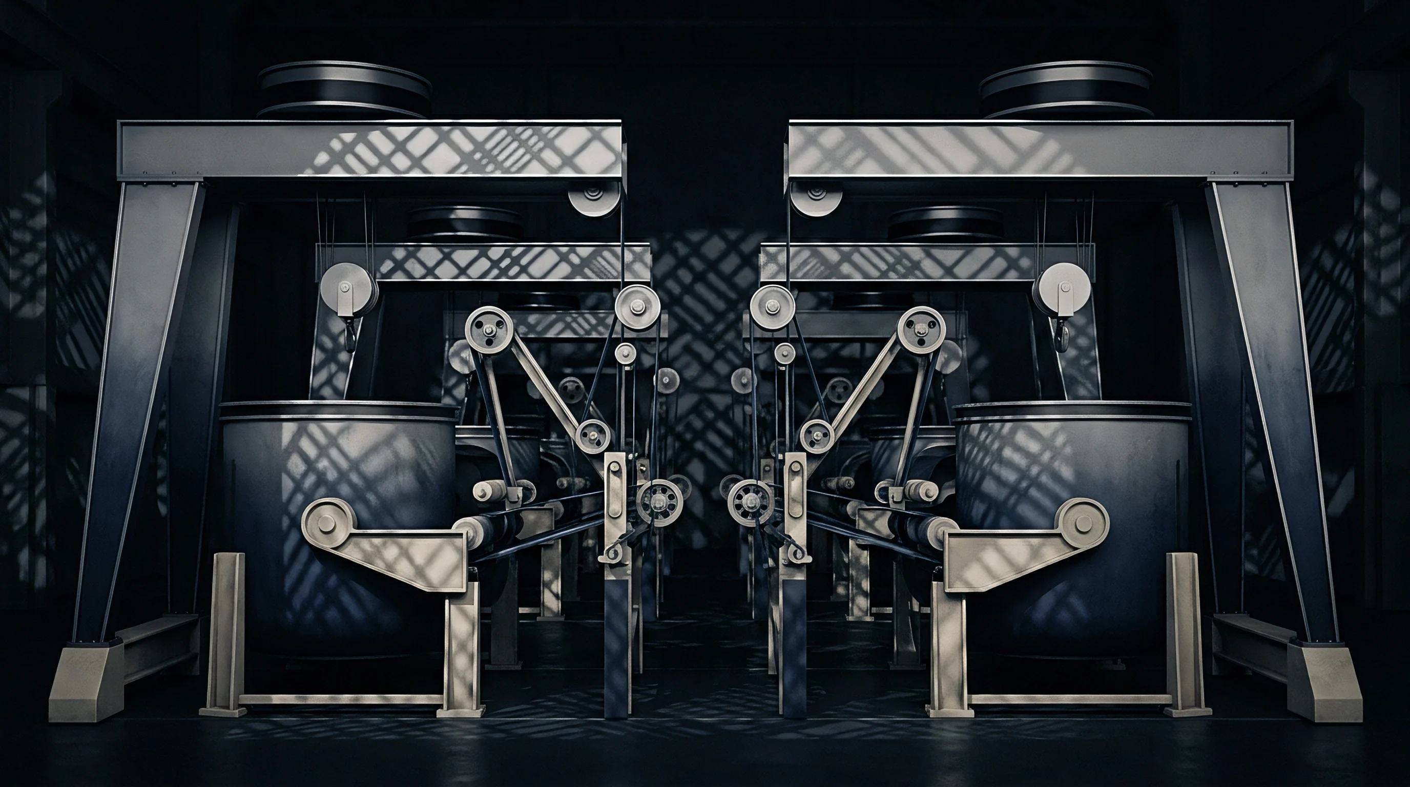 A digital render shows heavy steel dyeing vats and gantry machinery operating inside a dark industrial textile production facility.