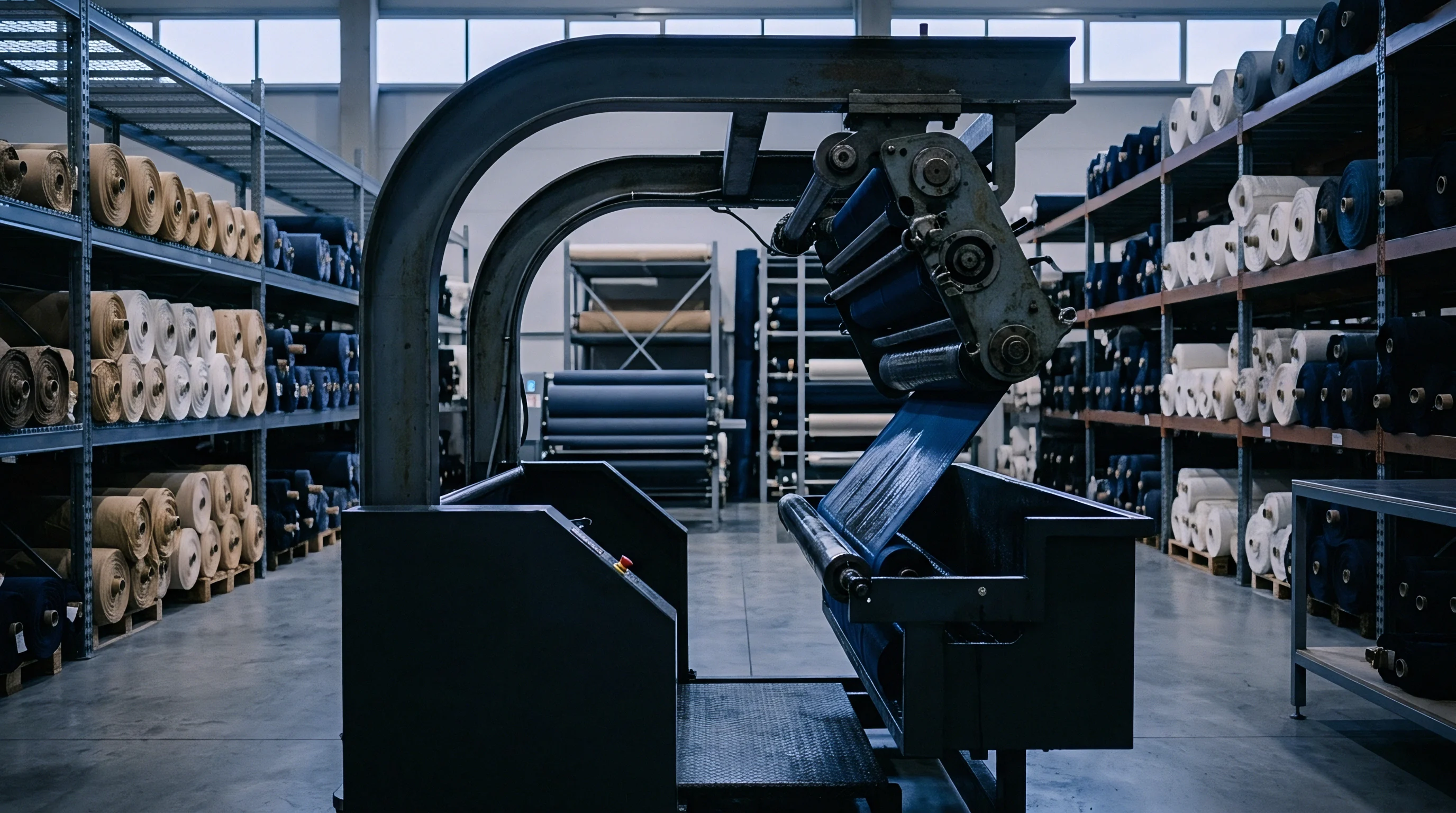 Heavy industrial machinery guides deep blue woven fabric through a wet processing line flanked by metal storage racks holding textile rolls.