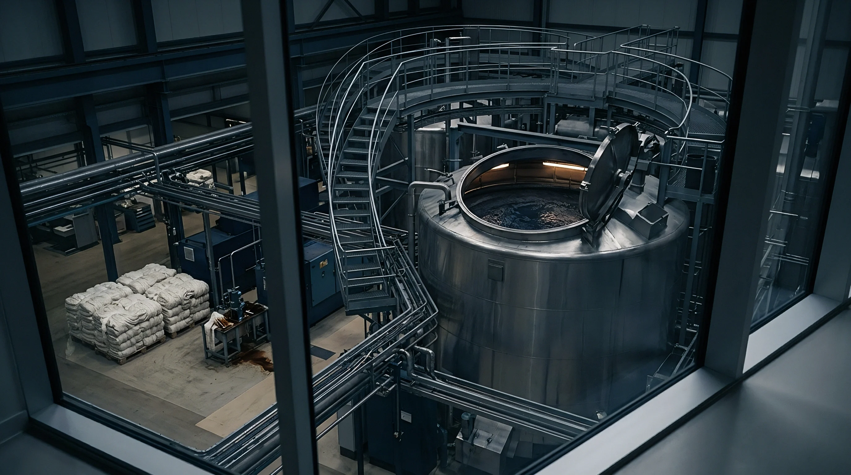 Large stainless steel industrial dyeing vats dominate the multilevel textile production facility floor surrounded by stacked chemical bags and piping networks.