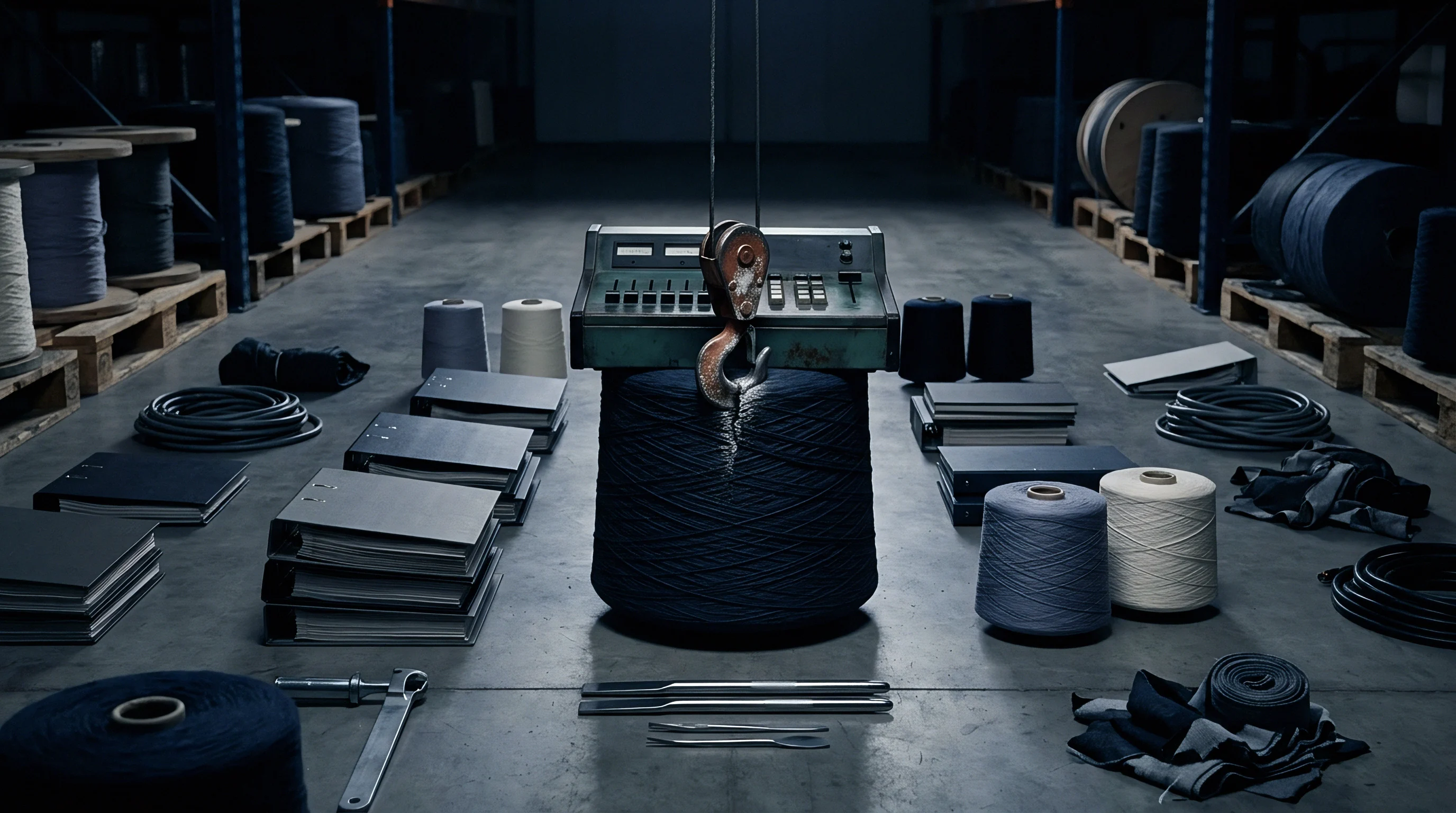 A metal control console hangs from a crane hook above large indigo yarn packages surrounded by office binders and textile tools.