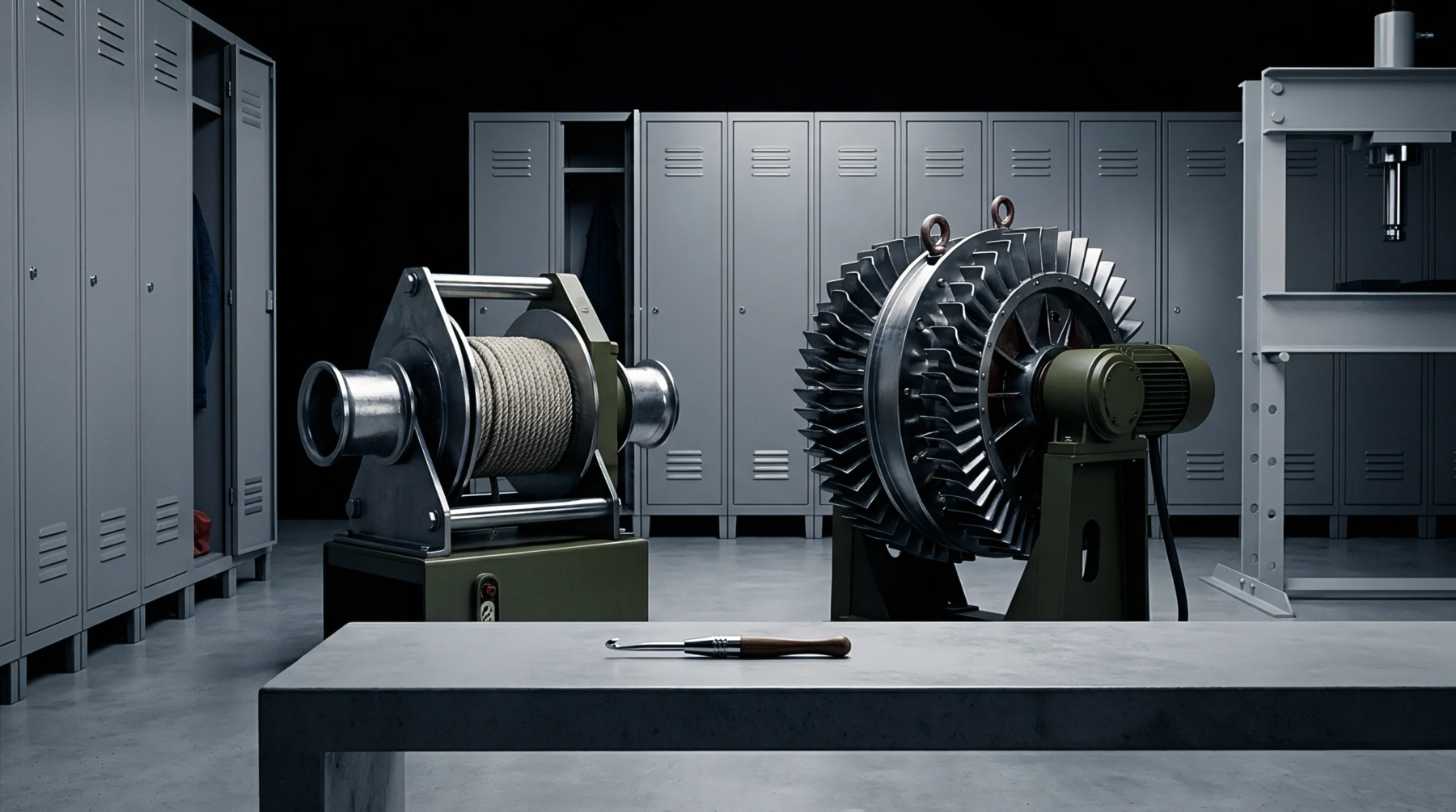An industrial spooling unit and mechanical rotor stand alongside a crochet hook placed upon a concrete table in a manufacturing facility storage area.