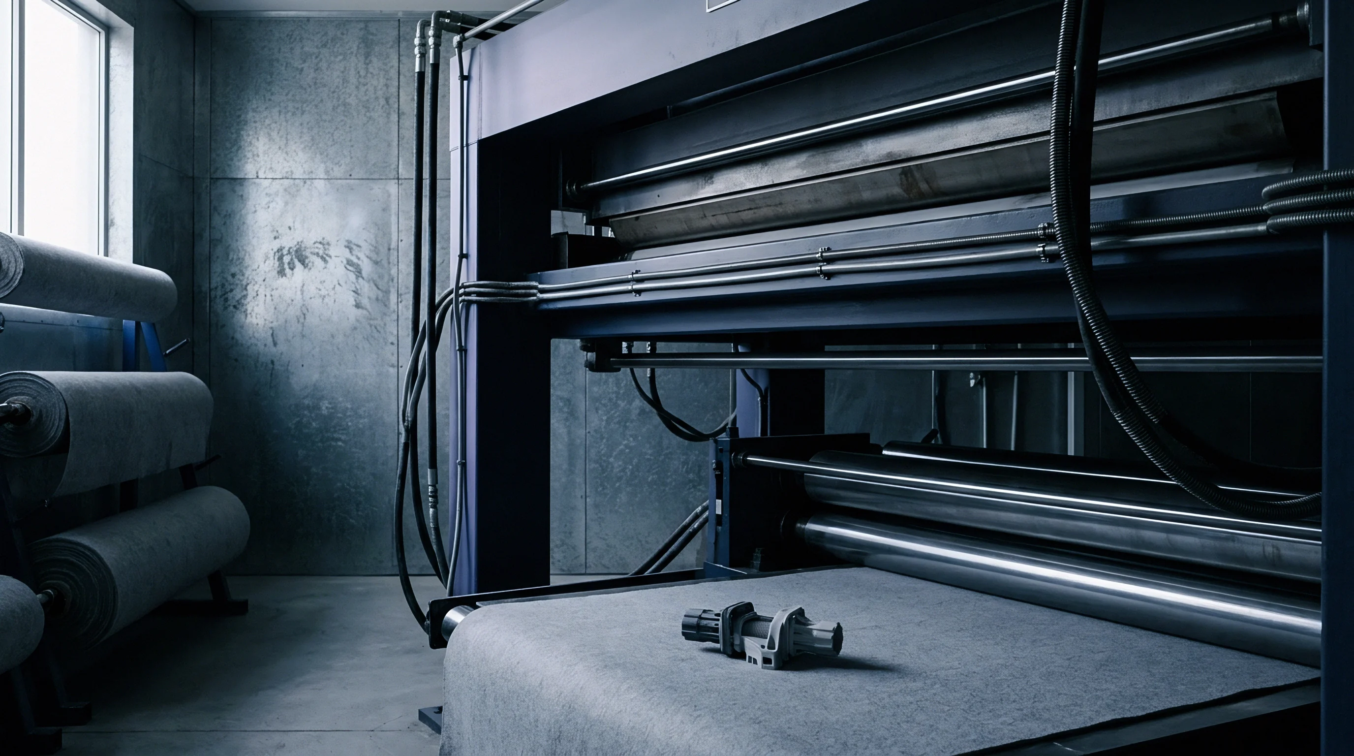 A heavy steel roller machine feeds a sheet of grey nonwoven textile through a finishing press in a modern industrial factory.