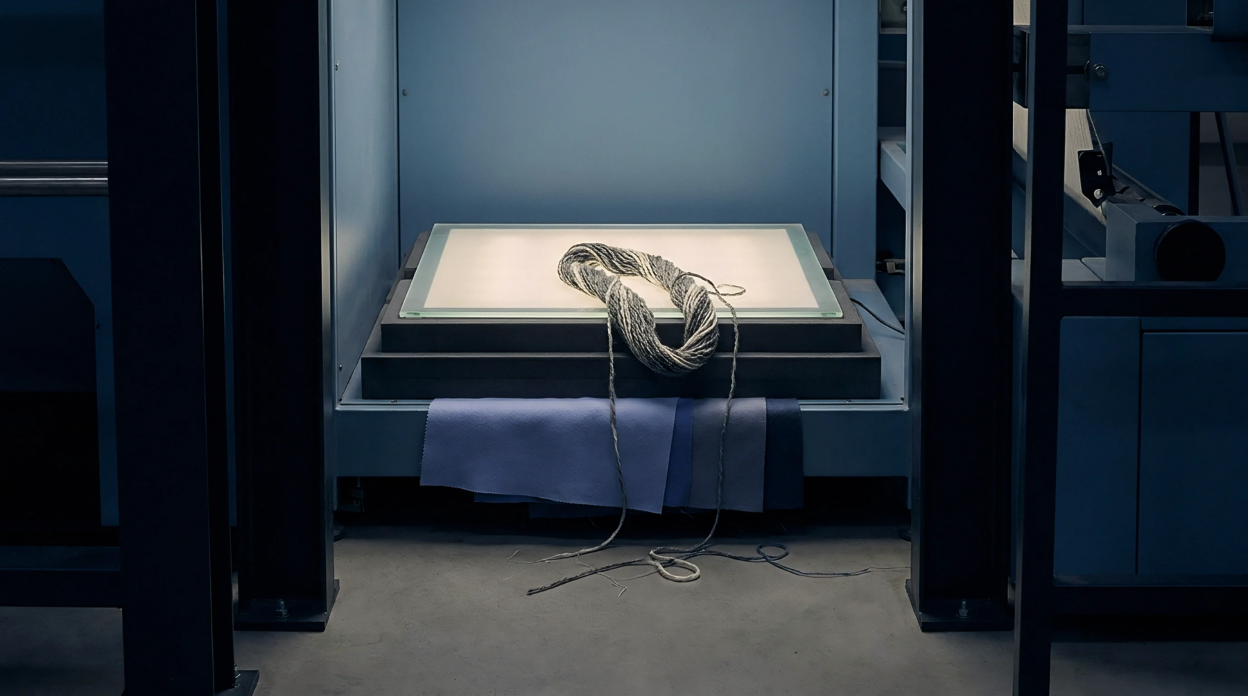 A mixed fibre yarn skein rests upon an illuminated glass inspection platform surrounded by fabric swatches in an industrial laboratory setting.