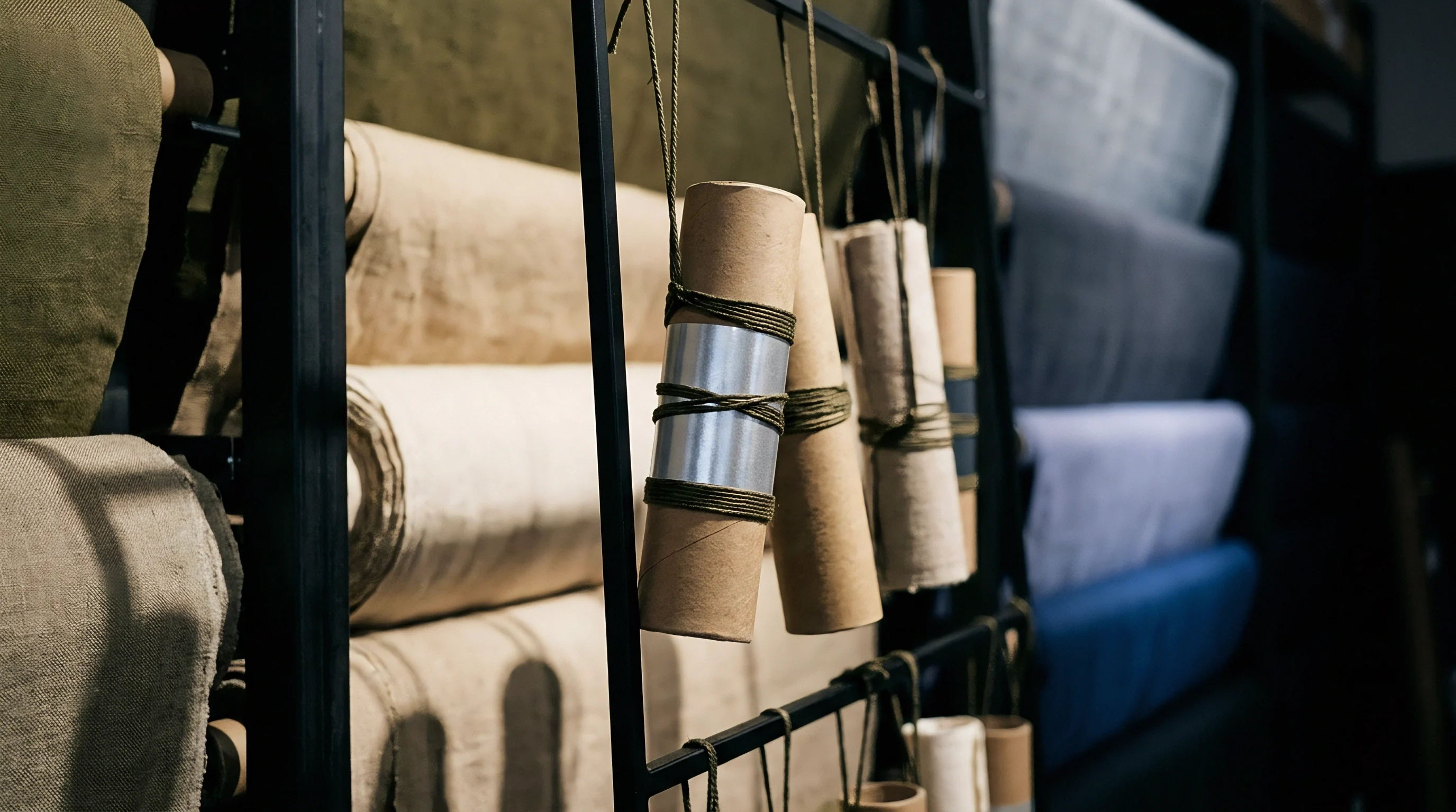 Heavy woven fabric rolls rest on a metal warehouse rack alongside suspended cylindrical material swatches tied with cord.