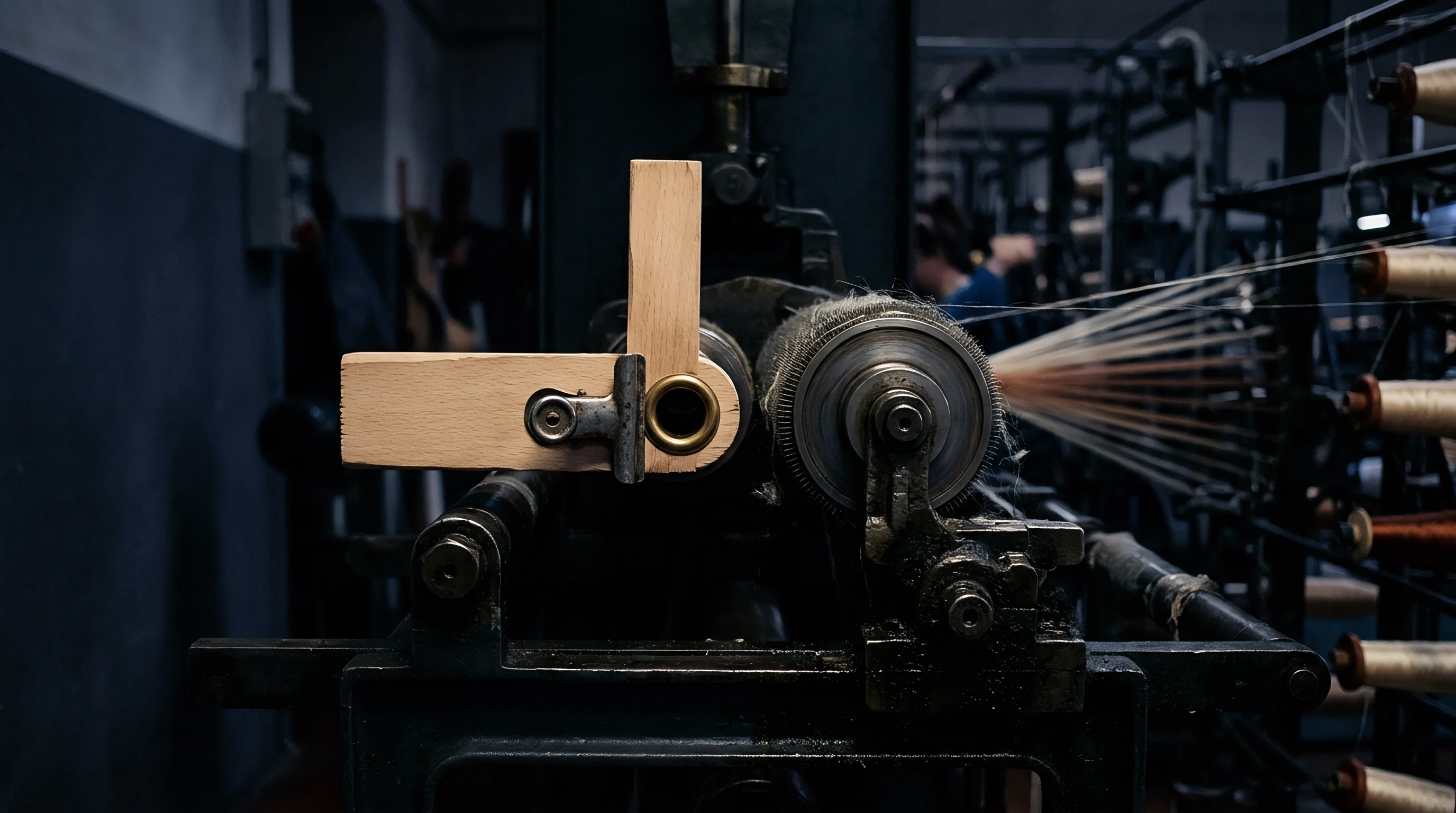 This industrial machine detail features a roller and gear assembly processing a fanned array of fine fibres onto the production line.