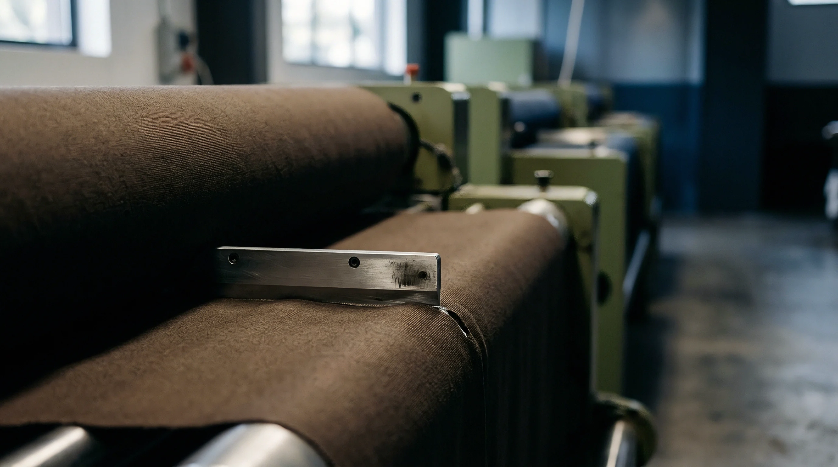 Heavy brown woven fabric feeds through steel rollers on industrial finishing machinery inside a textile production plant.