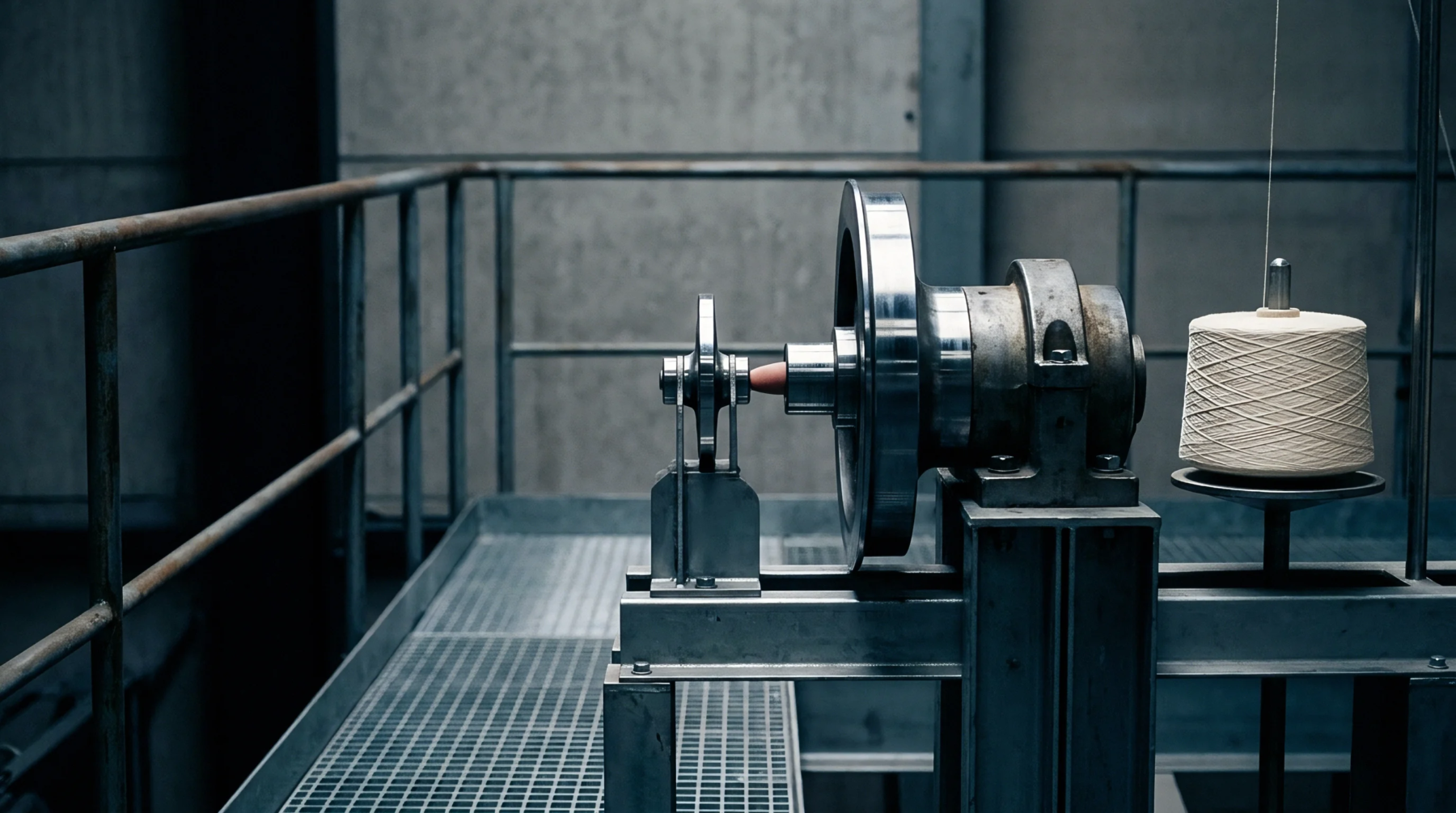 A wound yarn cone sits beside mechanical winding equipment mounted on a steel platform within an industrial manufacturing facility.