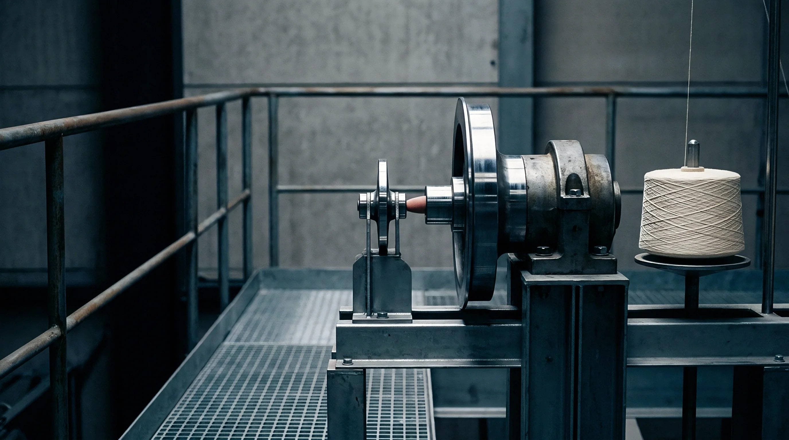 A wound yarn cone sits beside mechanical winding equipment mounted on a steel platform within an industrial manufacturing facility.