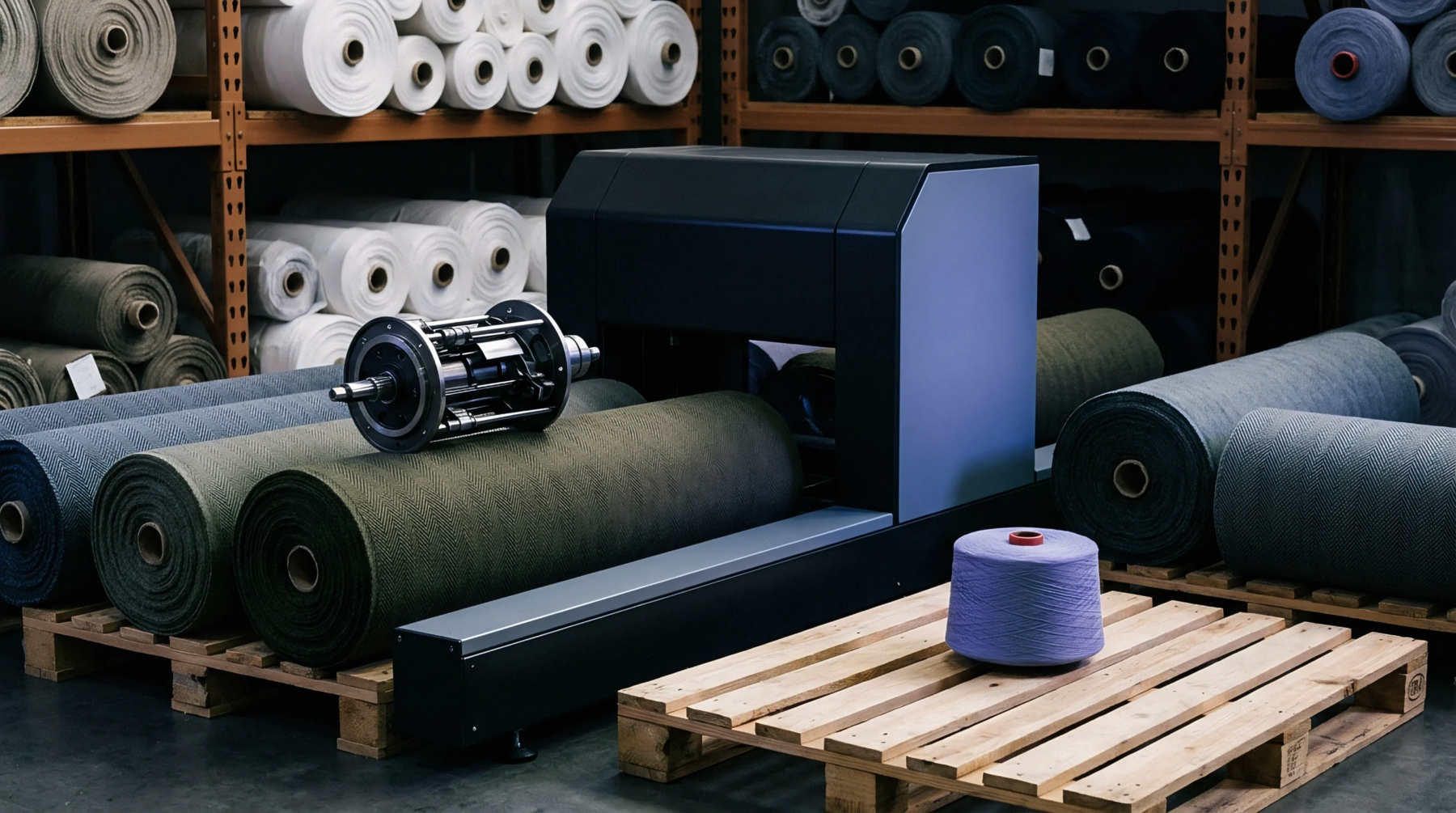 A textile manufacturing facility features large rolls of woven fabric on pallets and storage shelves, with an industrial processing machine and a yarn spool.