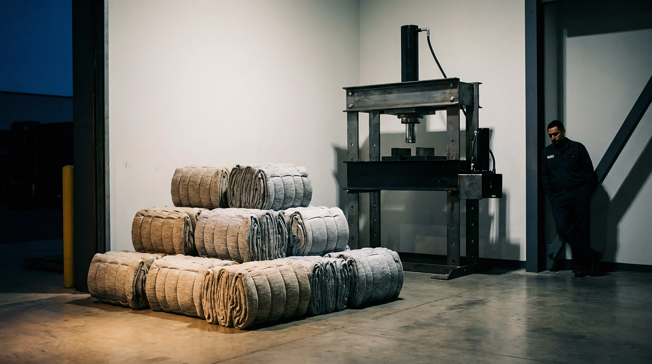 Stacked grey textile bales sit on a concrete warehouse floor next to a hydraulic press and a worker in dark workwear.