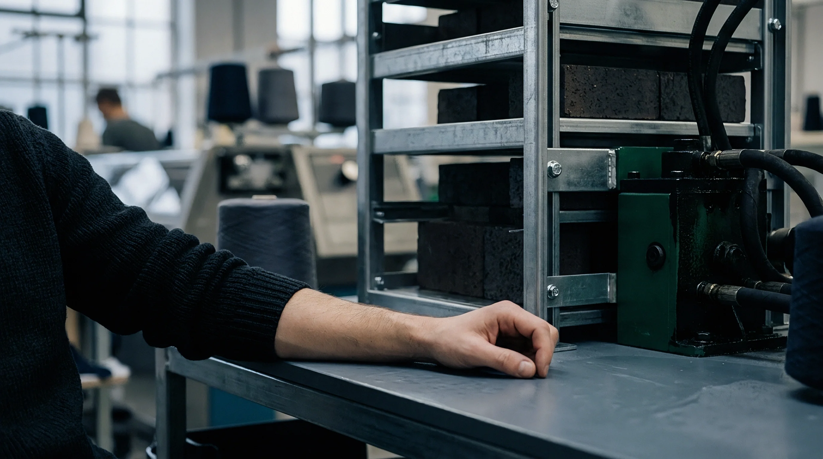 Worker arm rests on a metal table beside stacked dense blocks placed within a mechanical textile testing press.