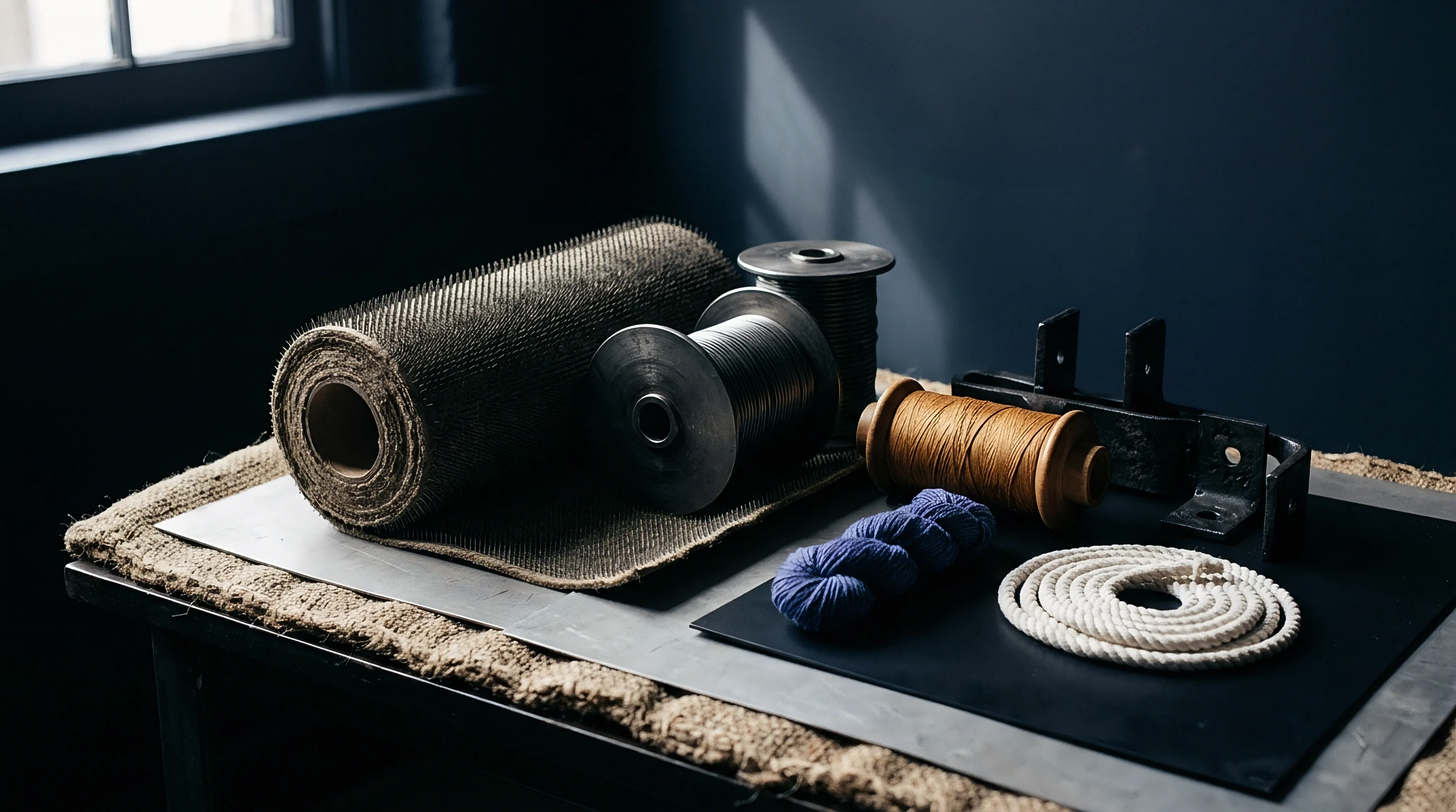 Raw textile materials including card clothing rolls, wound wire spools, dyed yarn skeins, and heavy cord sit assembled on a metal workshop workbench.