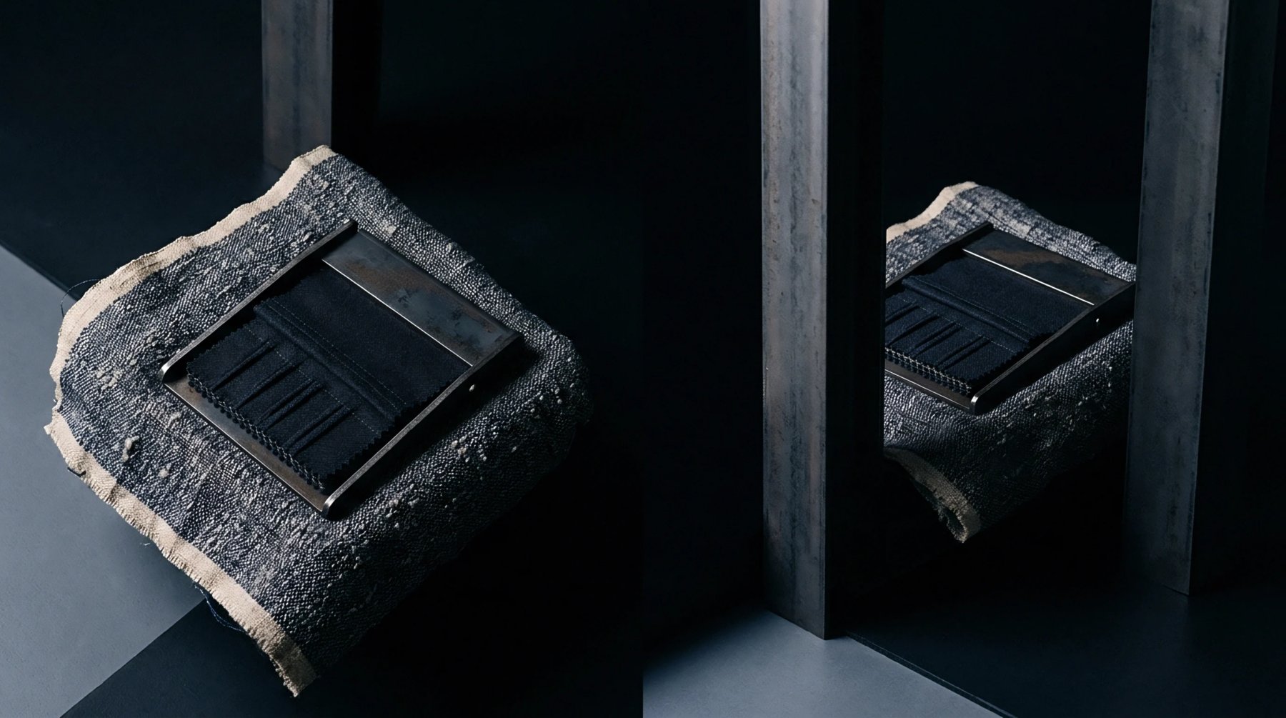A dark woven fabric swatch sits secured within a metallic frame resting upon a coarse grey textile base under focused studio lighting.