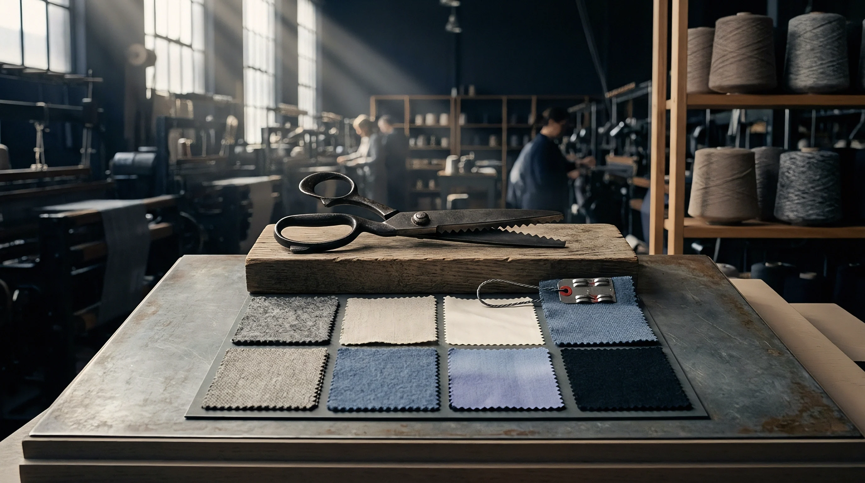 Pinking shears rest on a wooden sampling block before a grid of textile swatches on a metal table within a yarn processing workshop.