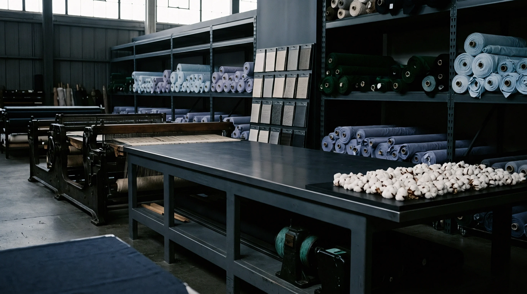 Industrial looms operate beside steel shelving units packed with fabric rolls inside a spacious textile manufacturing facility.