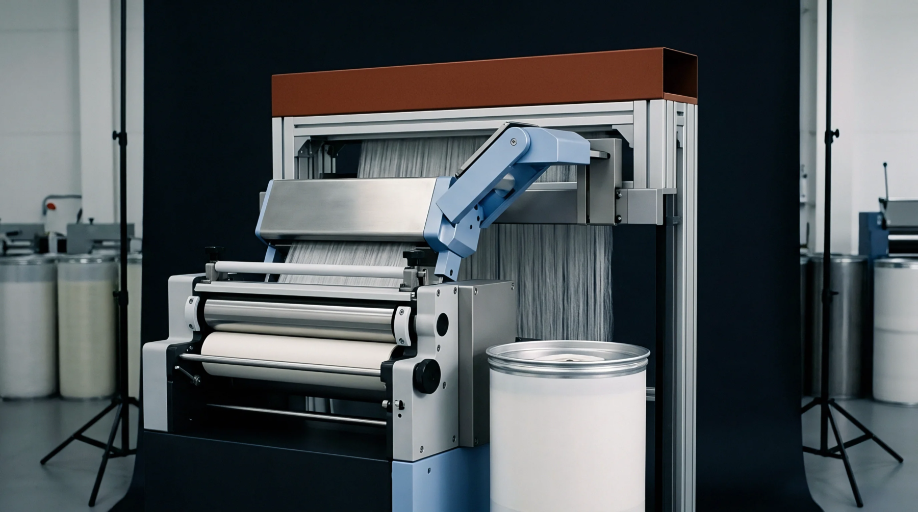 Industrial textile machinery with multiple fine grey yarns being fed from large spools through tensioning rollers and guides within a production setting.