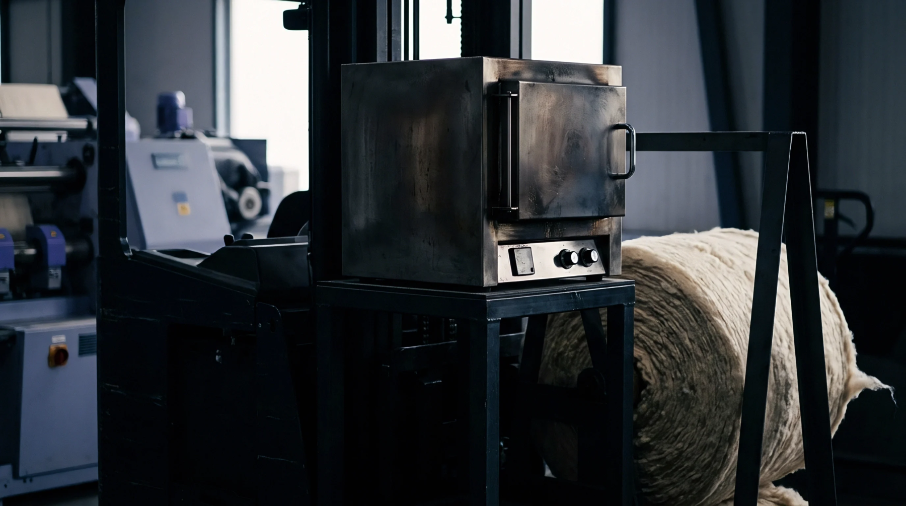 An industrial thermal processing unit sits beside a large roll of unprocessed fibrous material within a textile production facility.