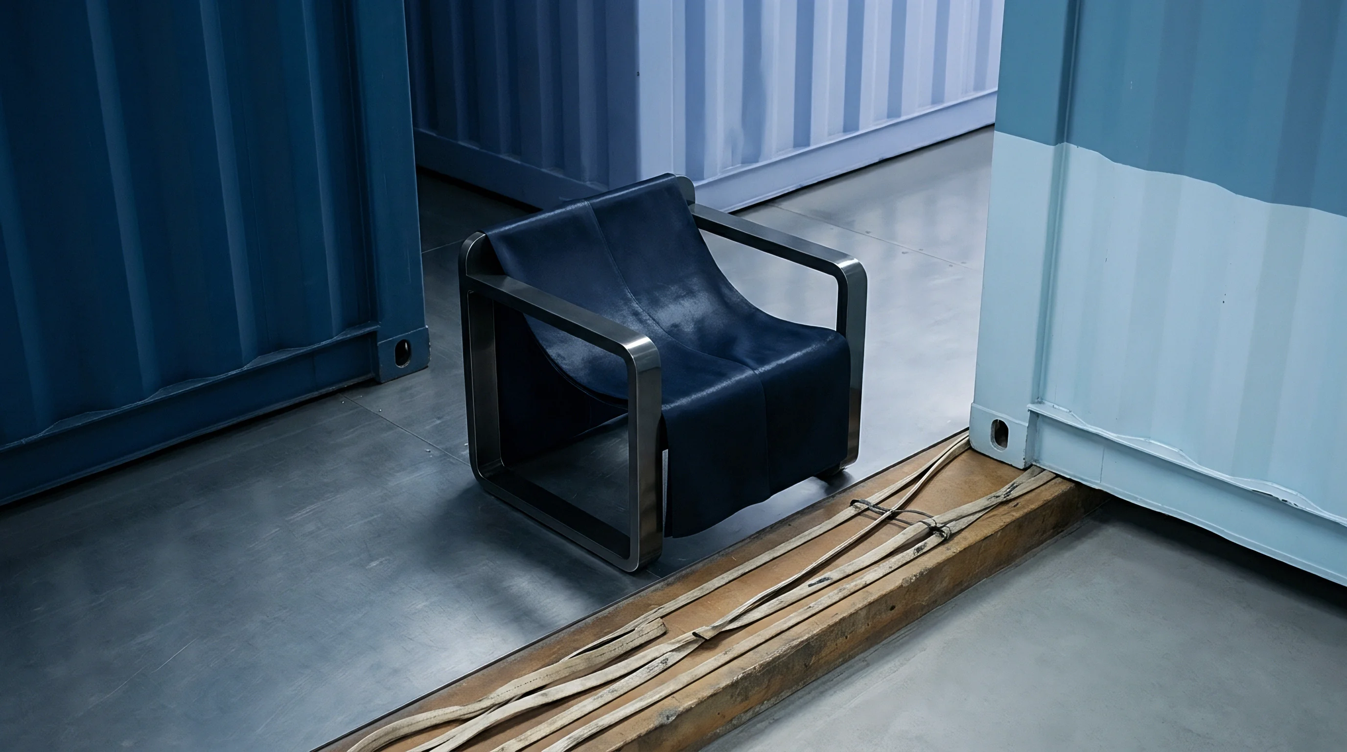A dark blue upholstered armchair with rigid frame sits on a concrete floor between industrial storage containers inside a production facility.