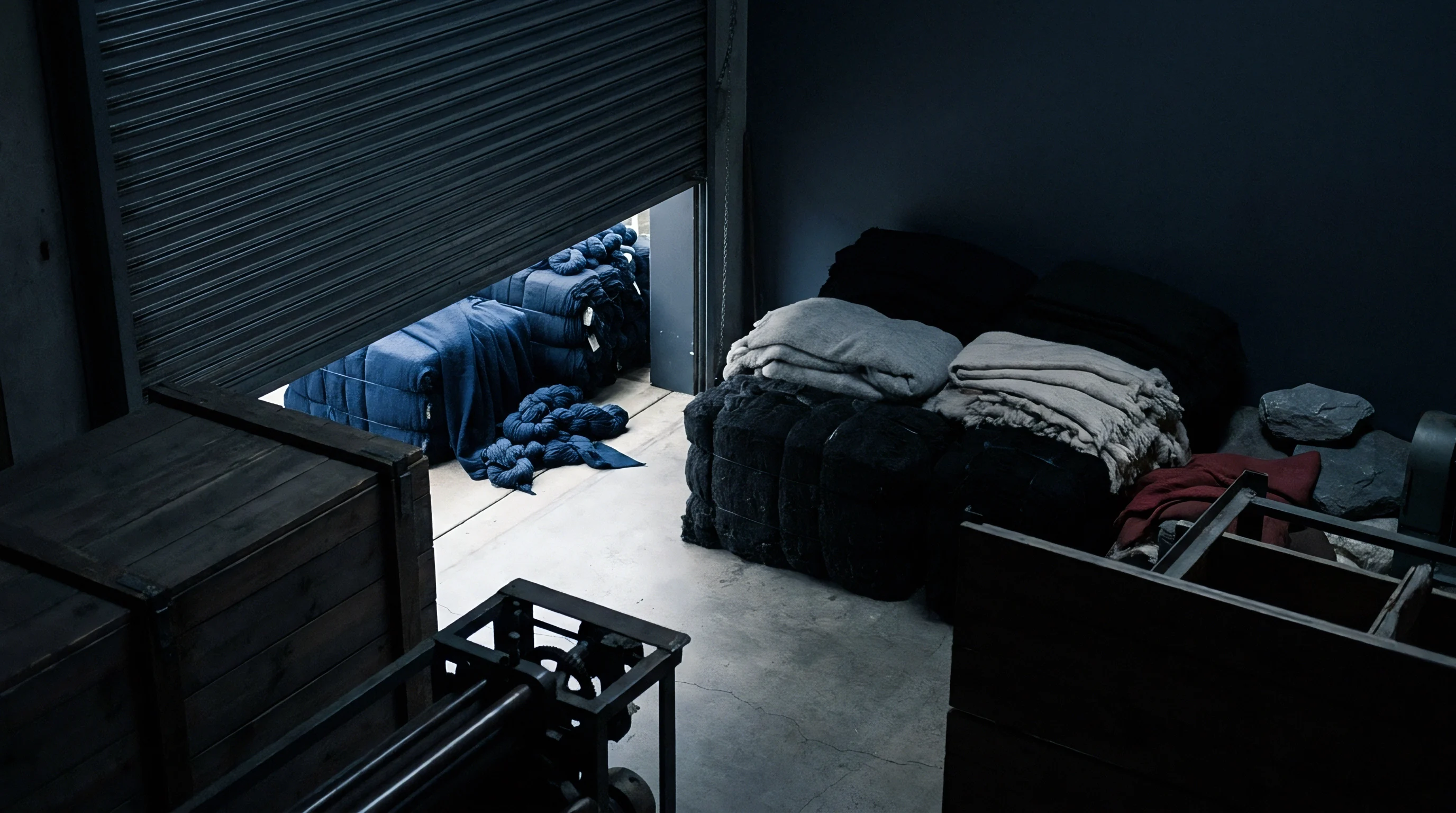Dark industrial warehouse interior houses stacked textile bales and wrapped material bundles near an open rolling metal door.