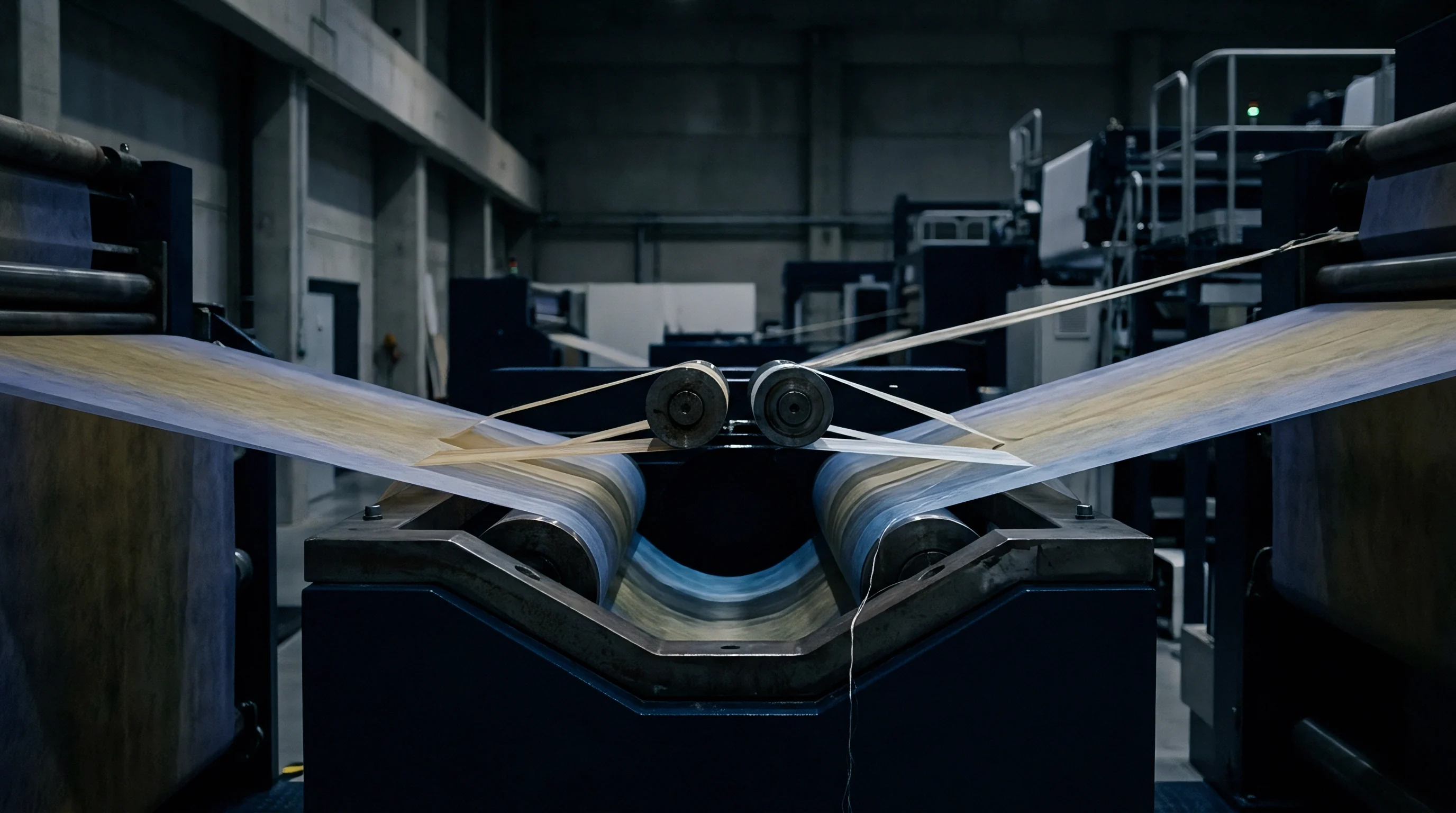 Wide webs of technical fabric move through precision rollers of a large scale industrial finishing machine inside a dark factory.