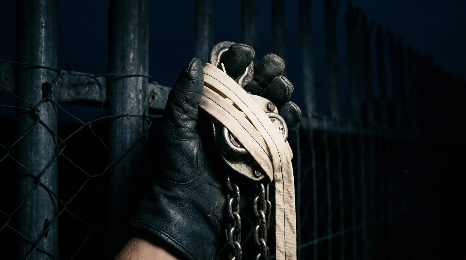 A gloved hand grips heavy industrial rigging hardware wrapped tightly with wide woven polyester webbing straps against an exterior fence at night.
