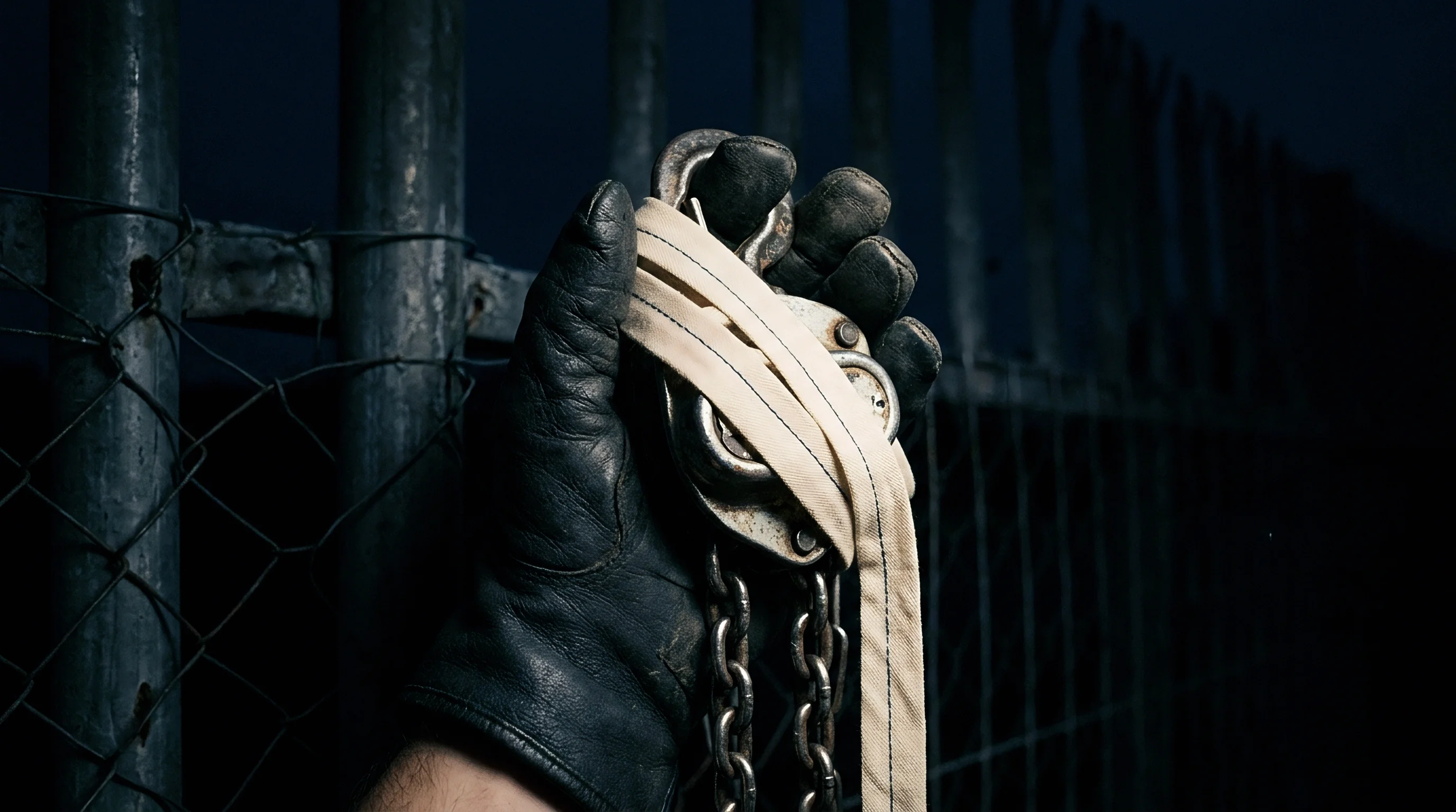 A gloved hand grips heavy industrial rigging hardware wrapped tightly with wide woven polyester webbing straps against an exterior fence at night.