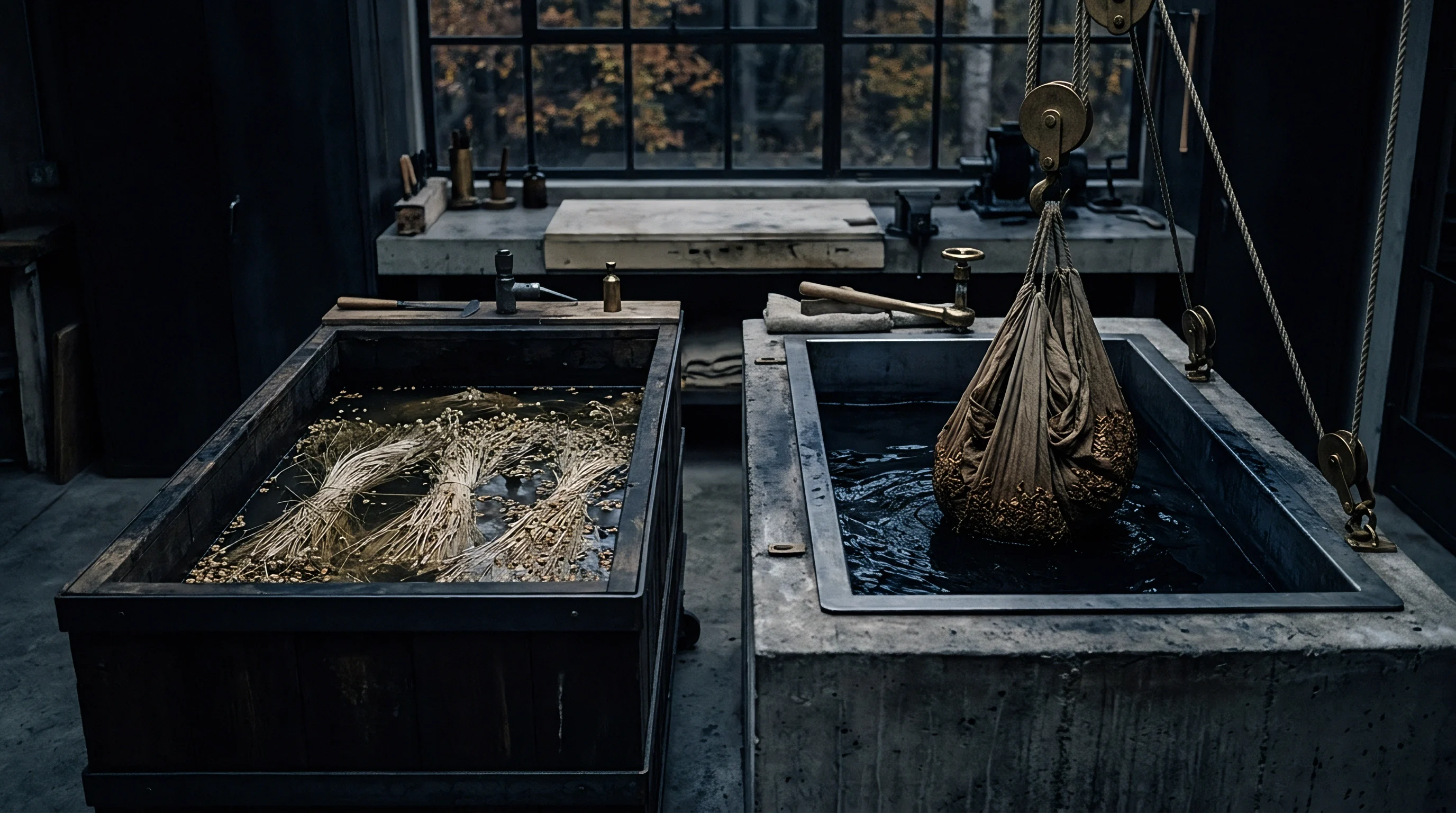 Two industrial vats hold natural plant fibres soaking in liquid and a suspended textile sack above a dark treatment bath.