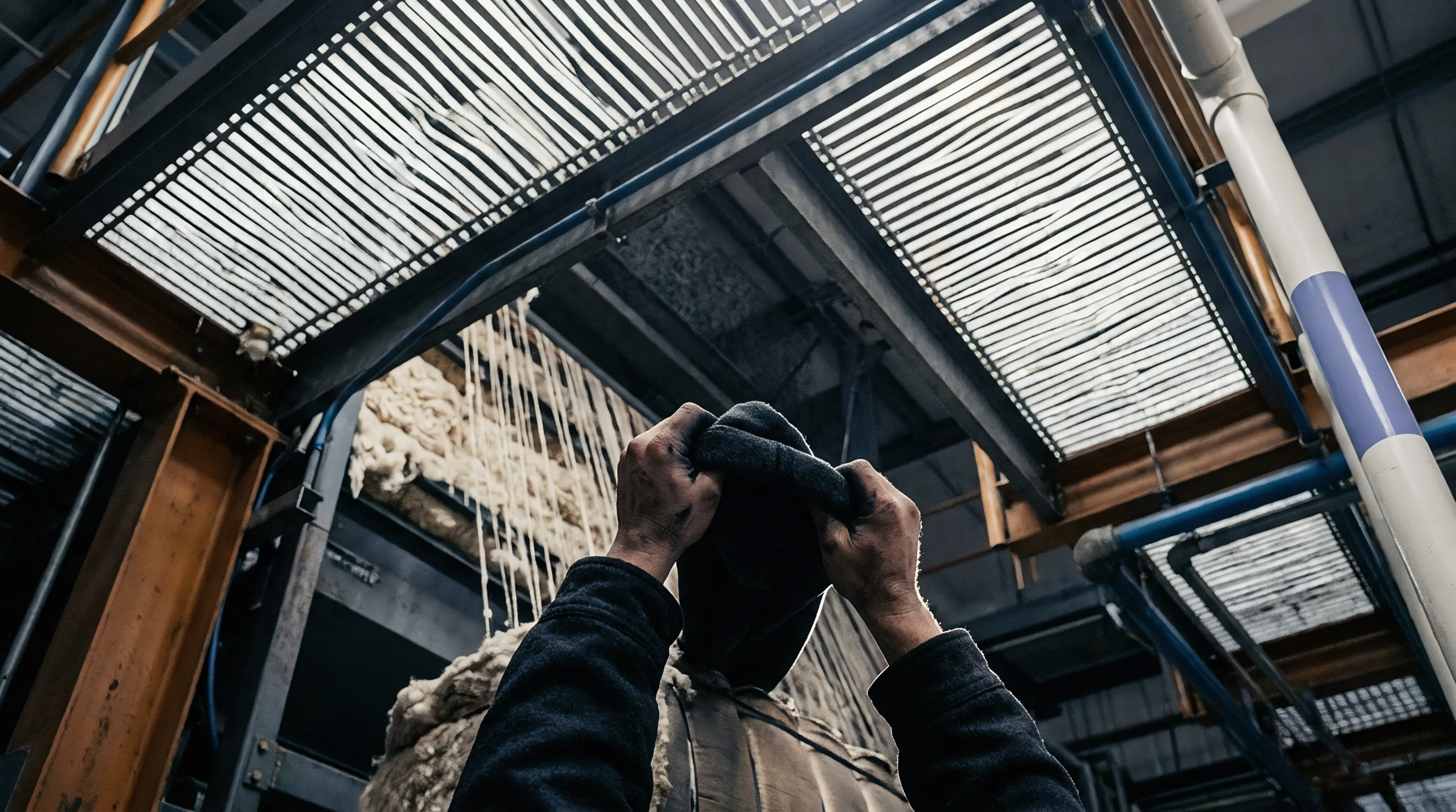 A textile worker adjusts protective headwear beneath suspended raw wool batts inside an industrial fiber processing facility.