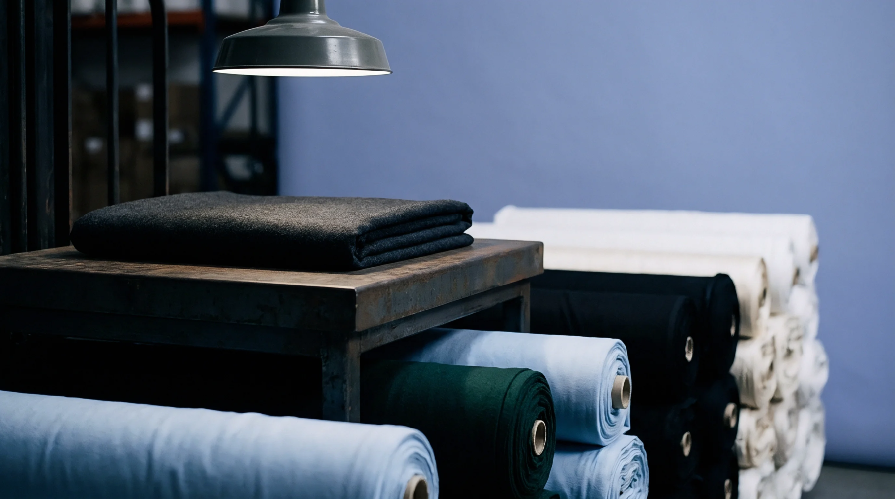 Folded woven wool fabric rests on a metal work table in a textile warehouse surrounded by stacked fabric rolls.
