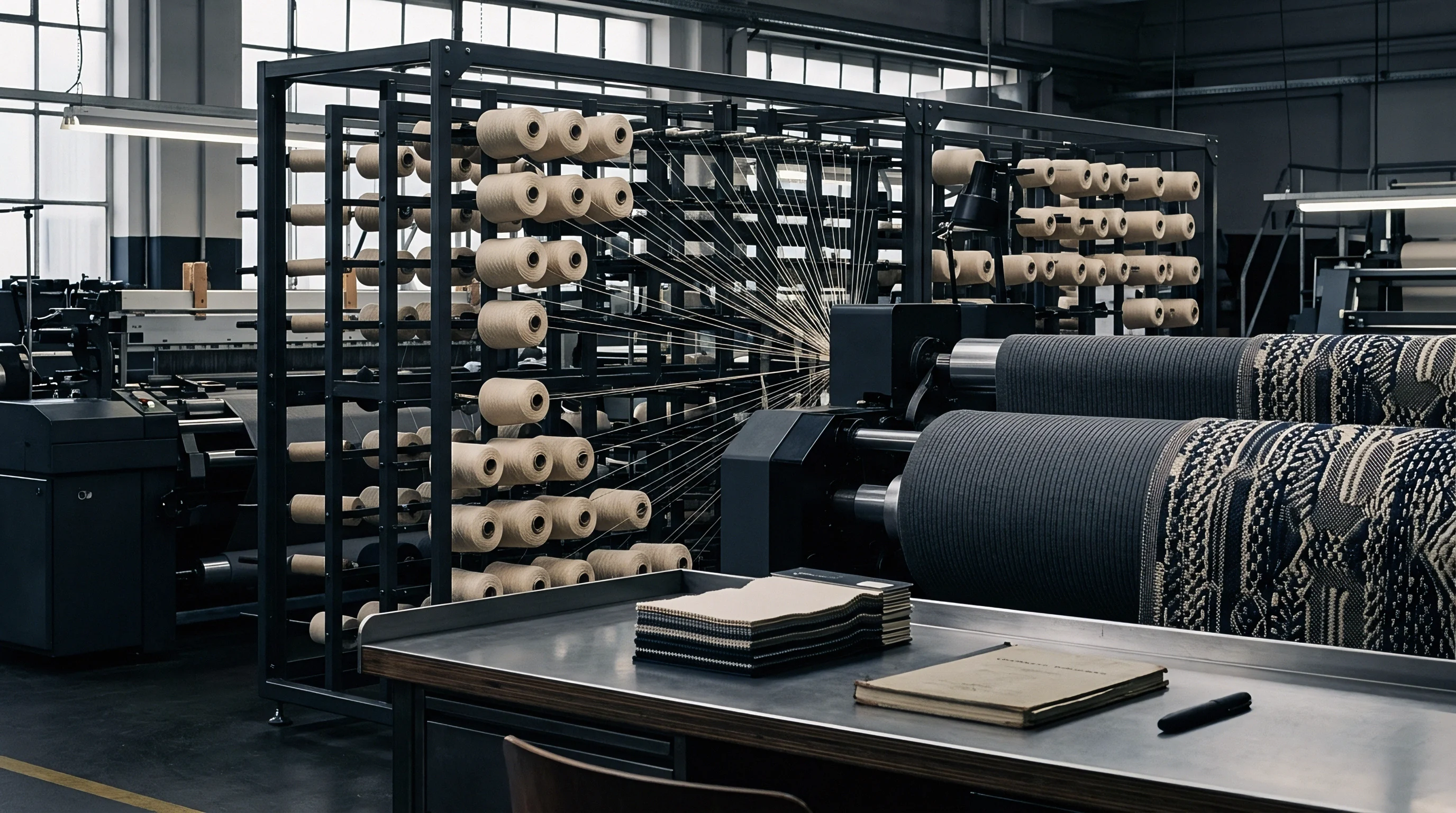 Industrial yarn packages mounted on steel creels feed continuous filaments into automated weaving machinery inside a textile production plant.