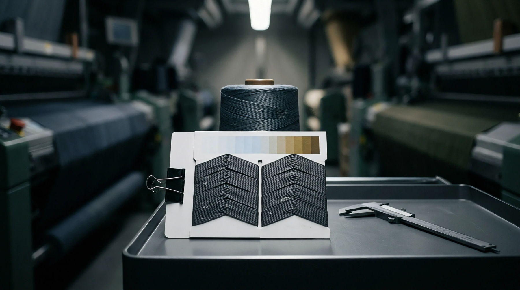 Dark yarn spools sit beside a precision caliper and a chevron yarn sample card on a sterile steel table within a textile production floor.
