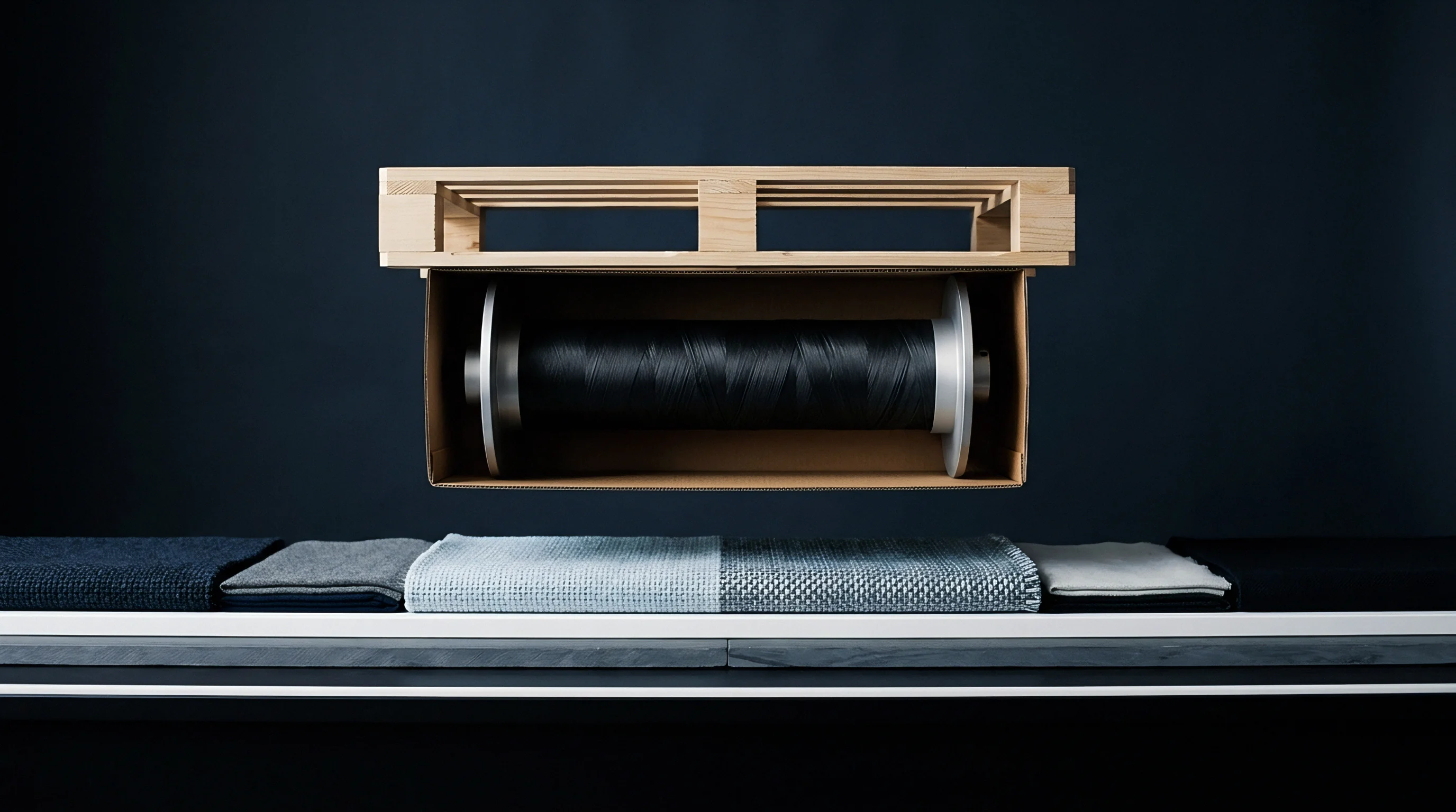 A heavy industrial yarn spool rests inside a suspended cardboard box beneath a wooden pallet above layered woven fabrics.