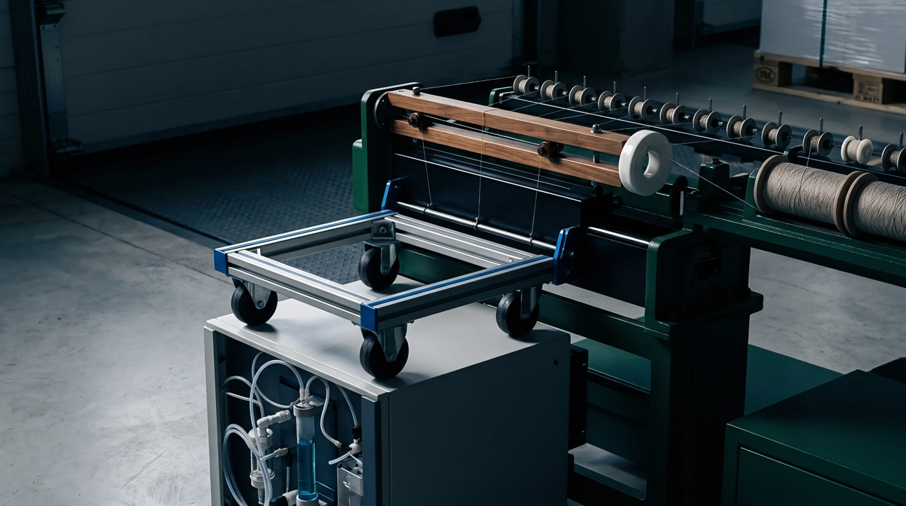 Industrial creel machinery organizes multiple yarn spools across precision guide rails within a textile manufacturing facility floor.