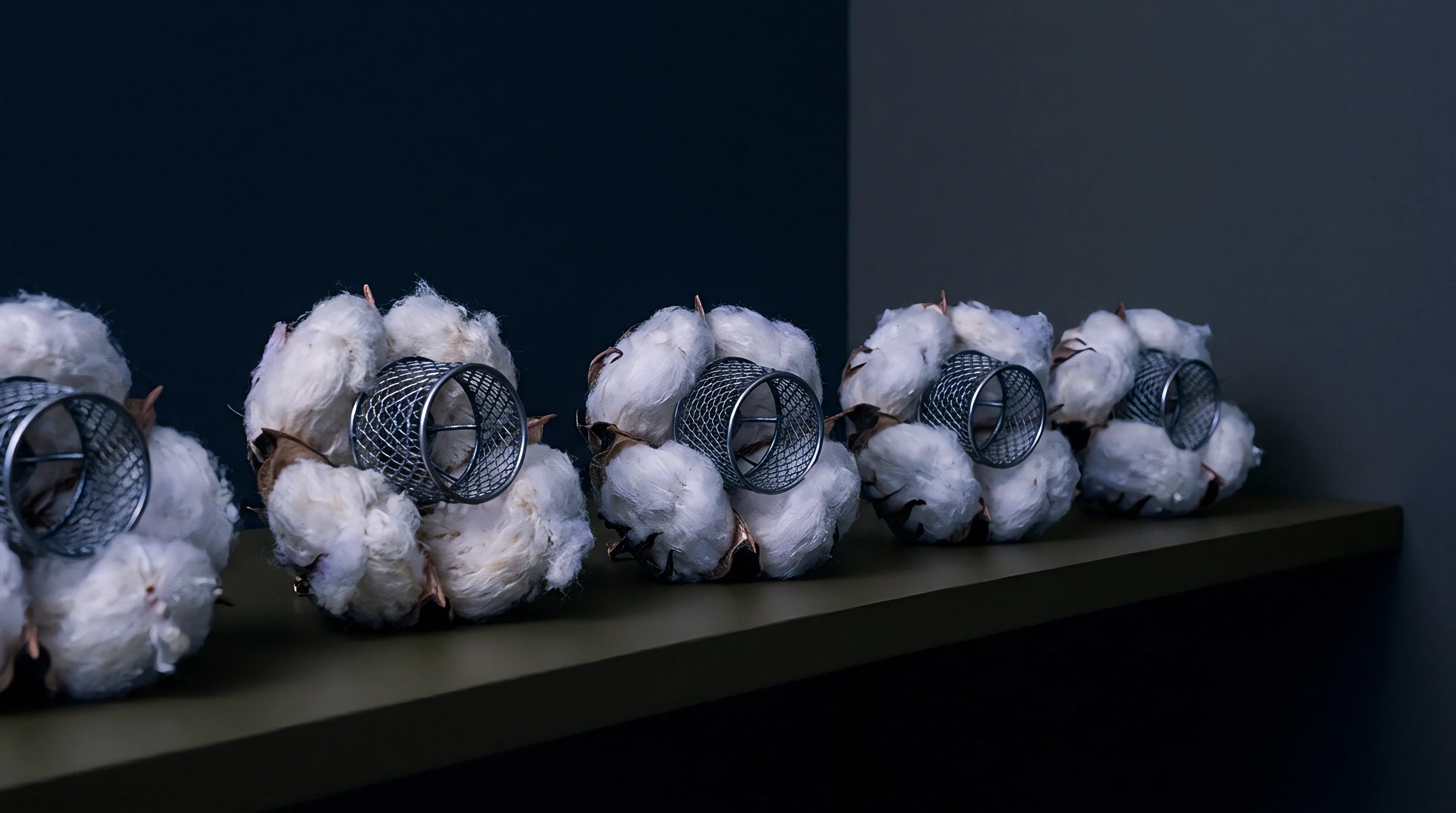 Five raw cotton fibre bolls containing open metallic wire mesh cylinders rest in linear alignment on a dark interior horizontal shelf.