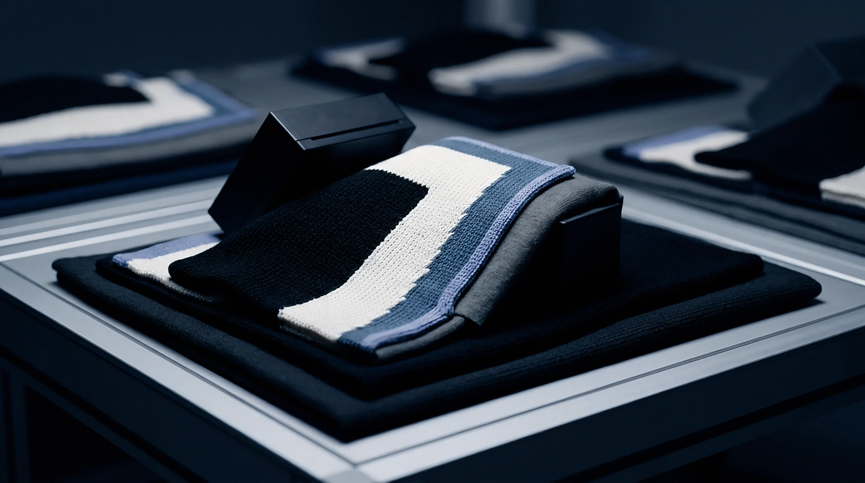 Folded knitwear panels with black, white, and blue geometric patterns sit on display mats for design inspection in a textile studio.