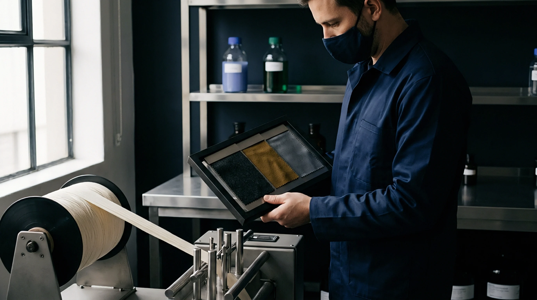 A technician in a blue lab coat holds a sample board of fabric swatches next to a yarn winding machine in a laboratory.